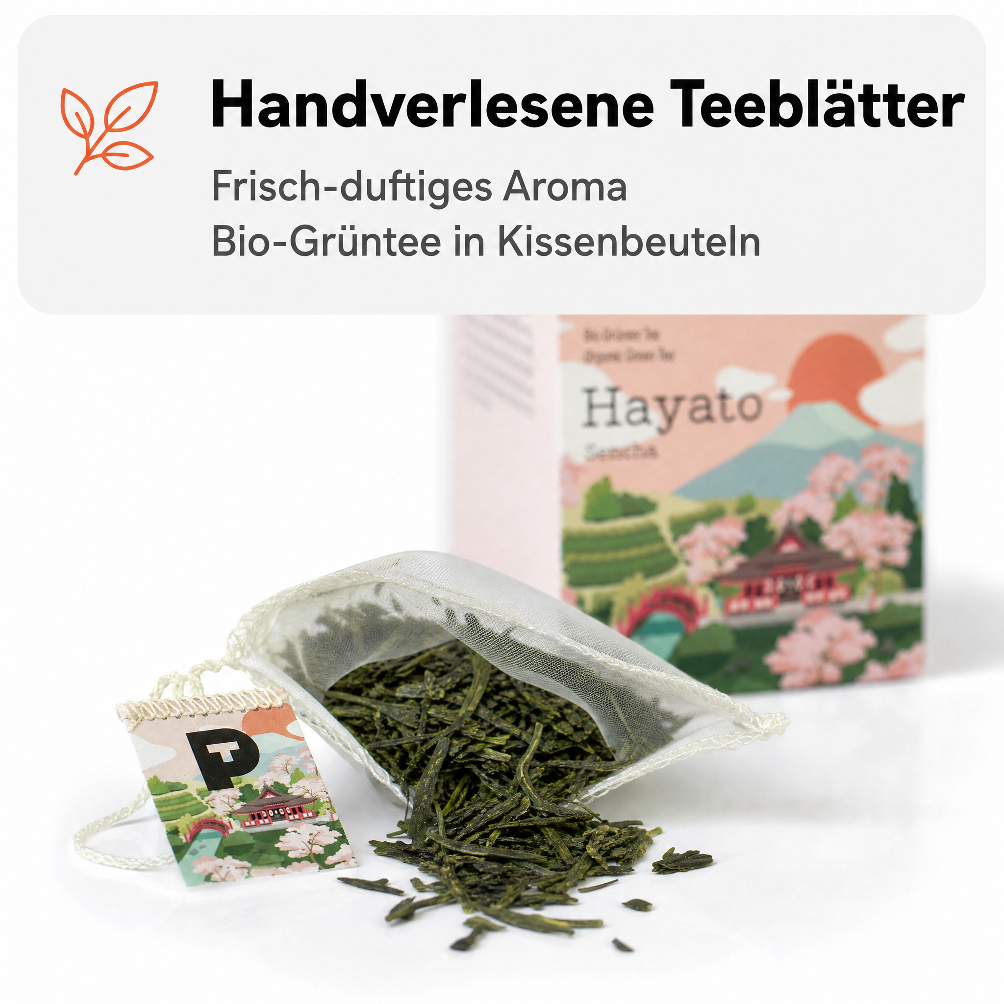 Pure Tea Grüner Tee Sencha Hayato, japanischer Bio Grüntee im Kissenbeutel, 15 Beutel à 3 g, Premiumqualität, Dispenserbox, frisch-duftiges Aroma