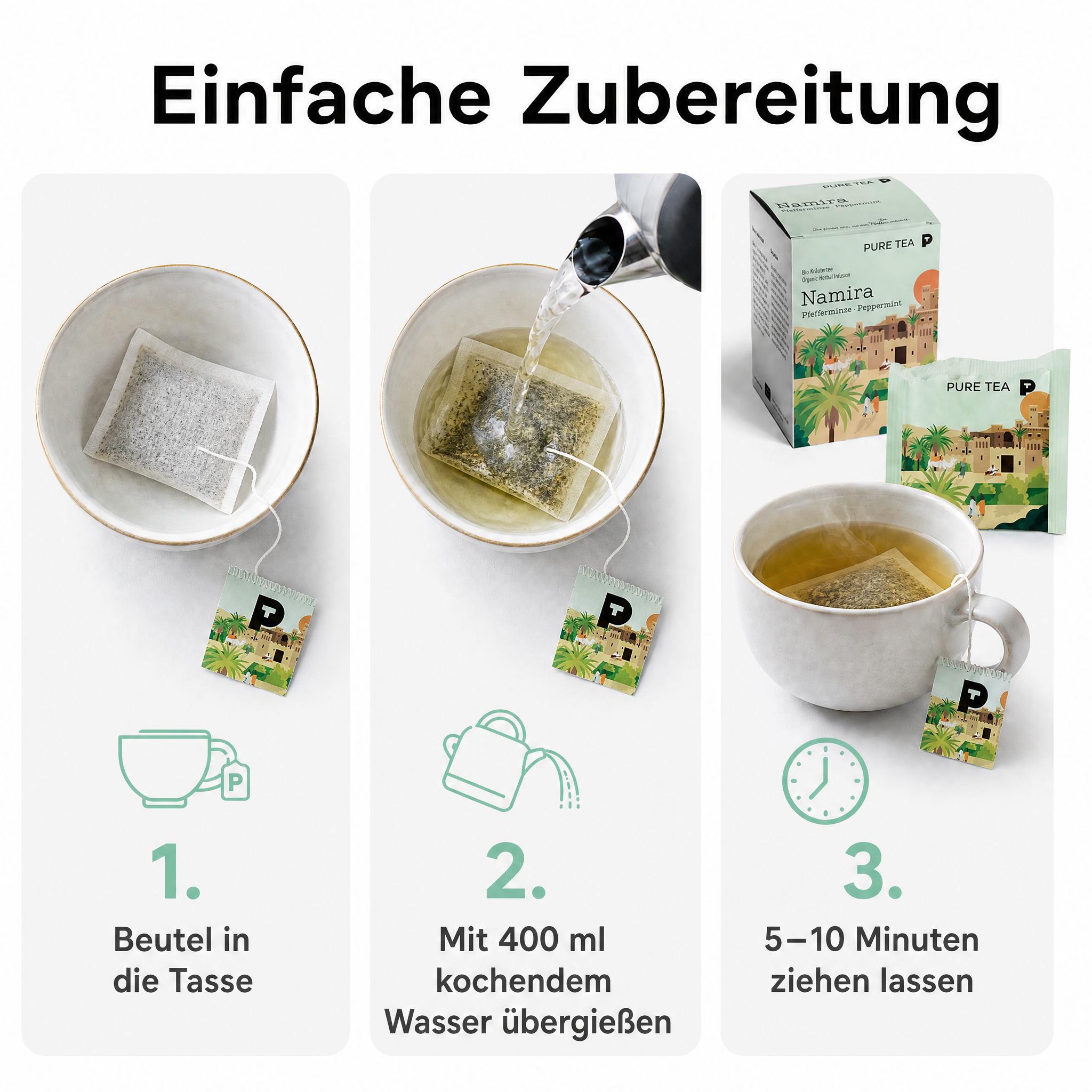 PURE TEA Namira Bio-Pfefferminztee, Kräutertee, 15 Kissenbeutel einzeln verpackt, Dispenserbox 12 x 9 x 9 cm, koffeinfrei, aus biologischem Anbau, mit nordafrikanischem Landschaftsmotiv