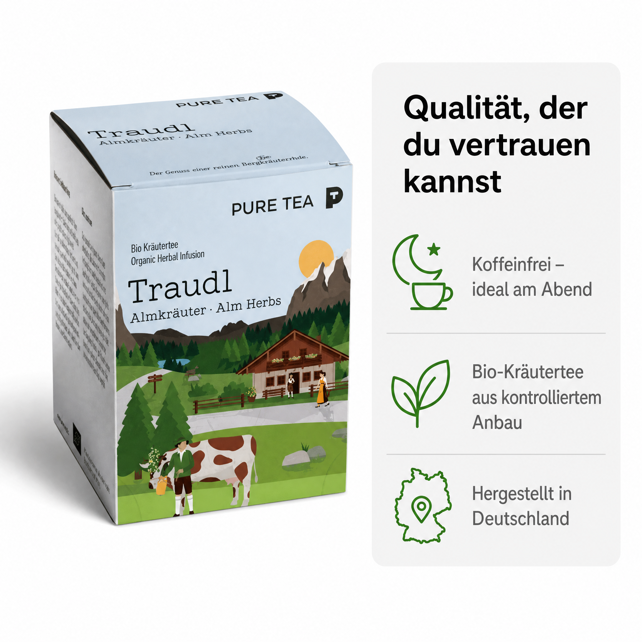 PURE TEA Traudl Bio Kräutertee Almkräuter, koffeinfreier Alpenkräuter Tee als Kräutermischung mit Spitzwegerich, Apfelminze & Melisse, einzeln verpackte Kissenbeutel in Dispenserbox