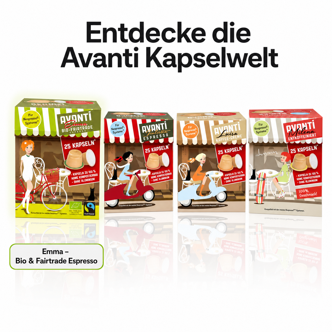 Avanti Kapseln Bio & Fairtrade Espresso EMMA, kompatibel mit Nespresso Kaffeekapseln, kompostierbar & ohne Aluminium, 80% Arabica/20% Robusta, mittel-dunkle Röstung, geröstet in der Schweiz