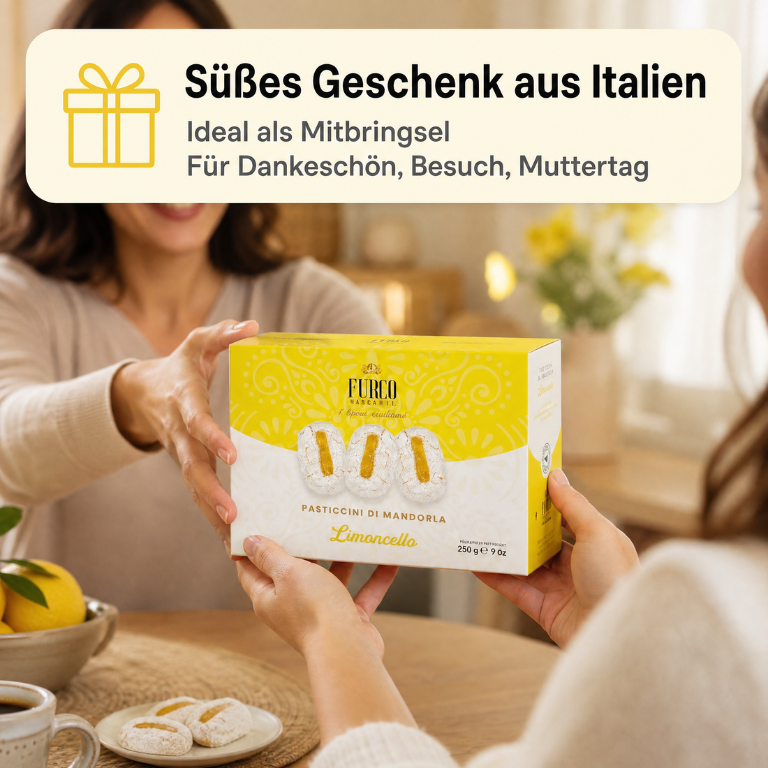 Furco Kekse Pasticcini di Mandorla Limoncello, italienische Mandelgebäck-Spezialität mit Zitrone und Puderzucker, weiches sizilianisches Gebäck in gelb‑weißer Geschenkbox, 250 g