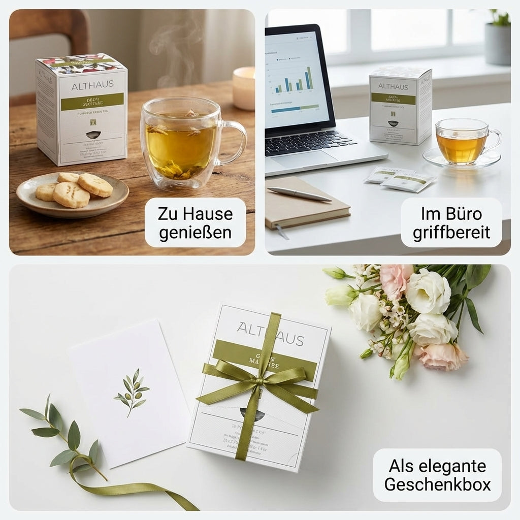 ALTHAUS Grüner Tee Grün Matinee, aromatisierter Sencha Tee mit Blüten, 15 Pyramiden-Teebeutel, einzeln verpackt, 41,25 g, 100 % biologisch abbaubare Beutel, in Deutschland gemischt & verpackt