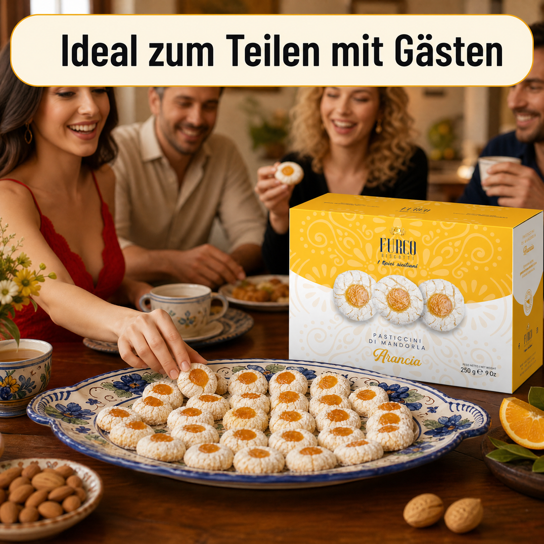 Furco Mandelgebäck Pasticcini di Mandorla Arancia, Italienische Kekse mit Orange, Sizilianisches Gebäck in Geschenkbox, Amarettini, Hergestellt in Italien, 250 g