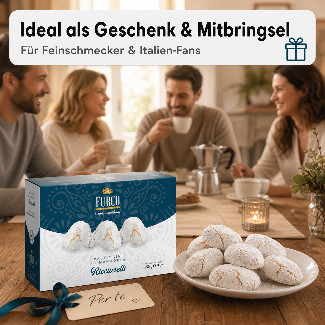 Furco Italienische Kekse Ricciarelli, Mandelgebäck mit Puderzucker, weiche zarte Textur, elegante Geschenkbox, italienisches Gebäck zu Kaffee & Tee, 250 g