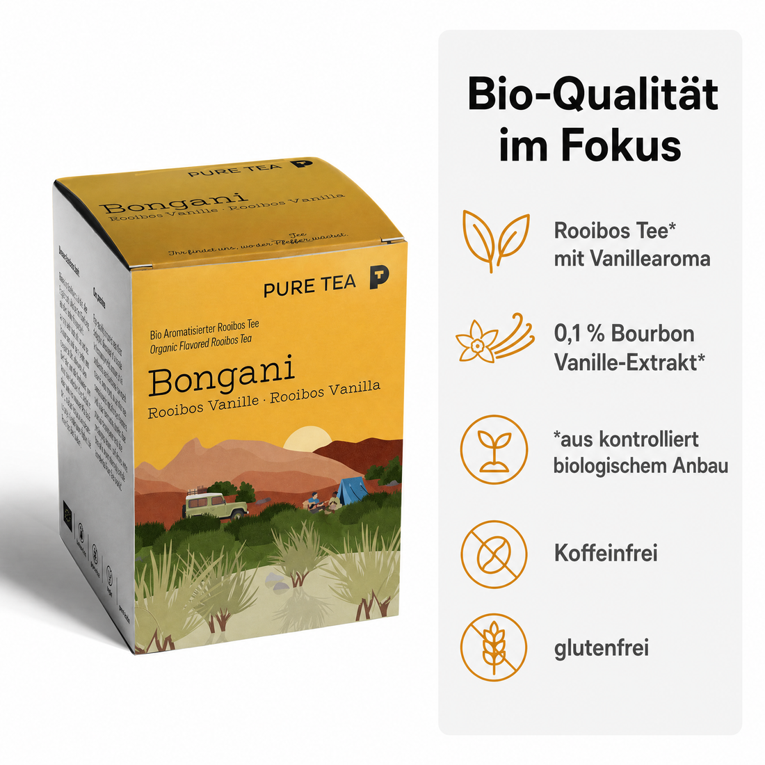 PURE TEA Rooibos Tee Bongani Vanille, aromatisierter Rotbuschtee, Bio, 15 Kissenbeutel à 3 g (45 g), koffeinfrei, flache handgenähte Beutel, Dispenserbox 12 × 9 × 9 cm