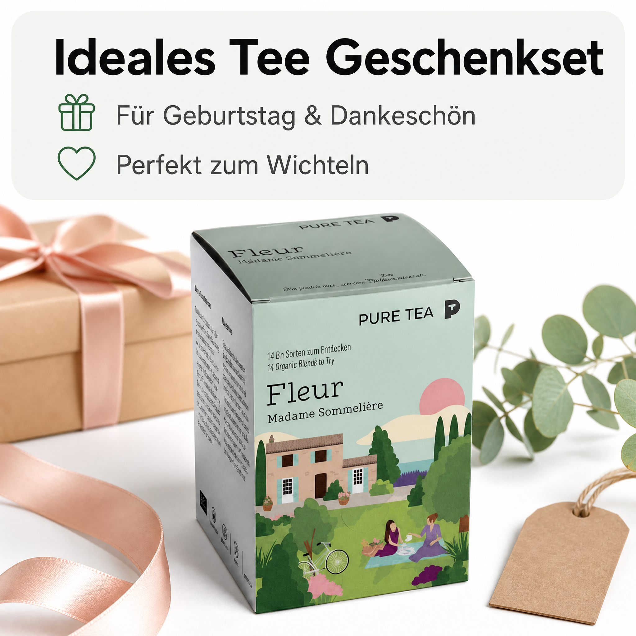 Pure Tea Bio Tee Geschenkset FLEUR Auswahlbox, Premium Tee Set als Probierbox mit Grüntee, Schwarztee, Kräutertee und Früchtetee, handgenähte Kissen-Teebeutel, einzeln verpackt, geschenkfähige Box