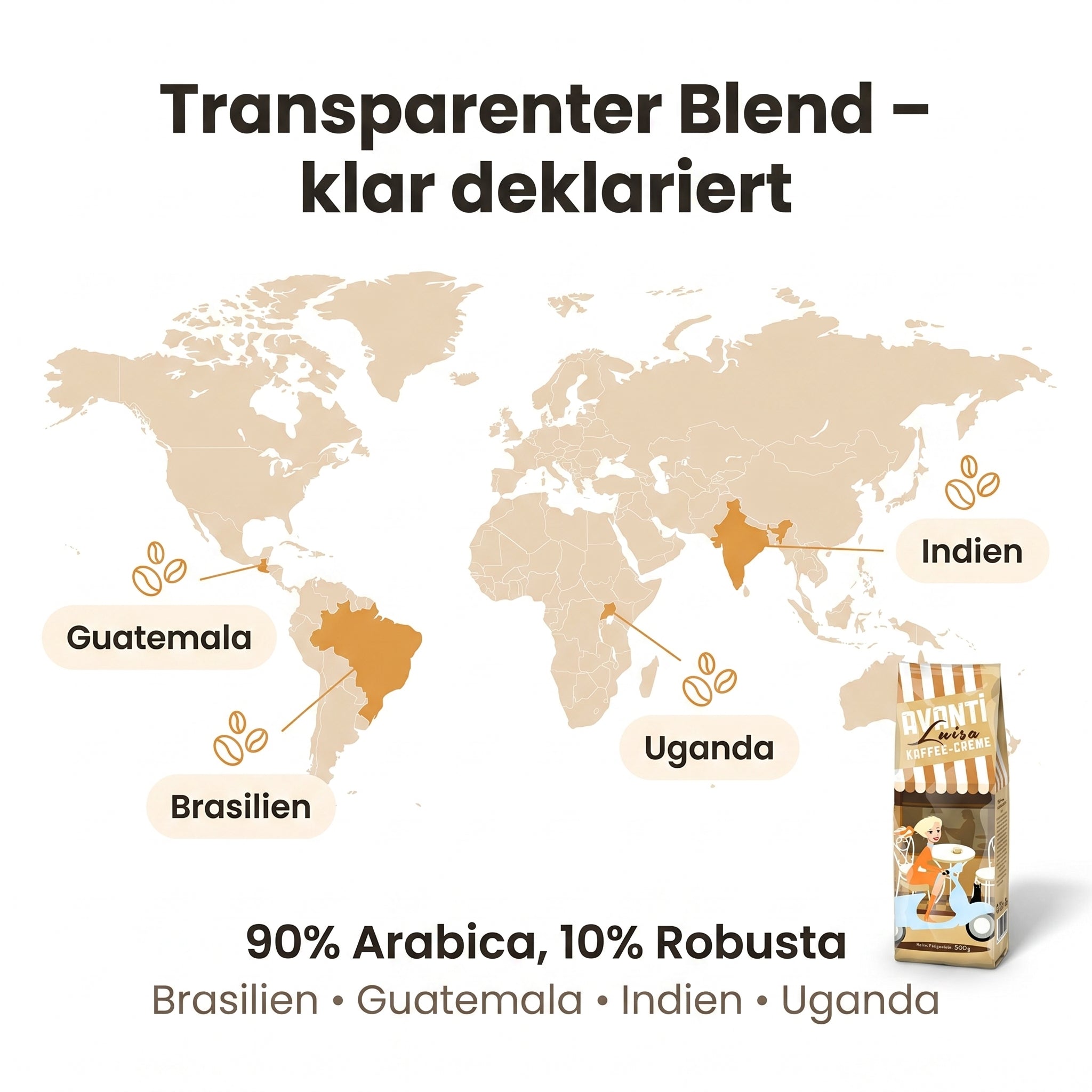 Avanti Kaffeebohnen Luisa Kaffee-Crème, 90% Arabica 10% Robusta, säurearm & mild, traditionelle Trommelröstung, ganze Bohnen Medium Roast, Schweizer Rösthandwerk, 500 g Beutel