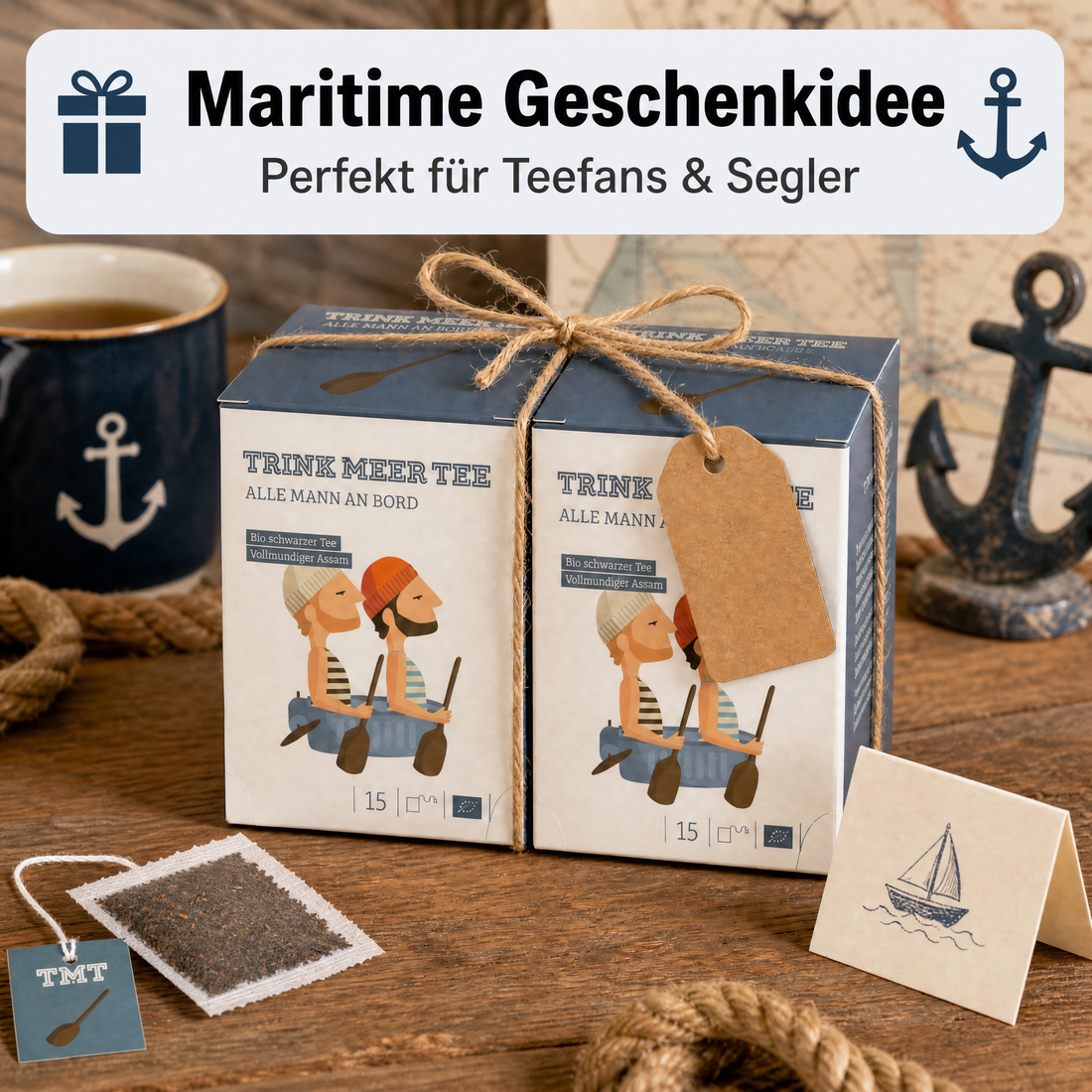 Trink Meer Tee Bio Schwarzer Tee, Alle Mann an Bord, Assam Tee hocharomatisch malzig-feinwürzig, Packung mit 15 handgenähten Kissenbeuteln à 3 g, 45 g, maritimes Geschenk