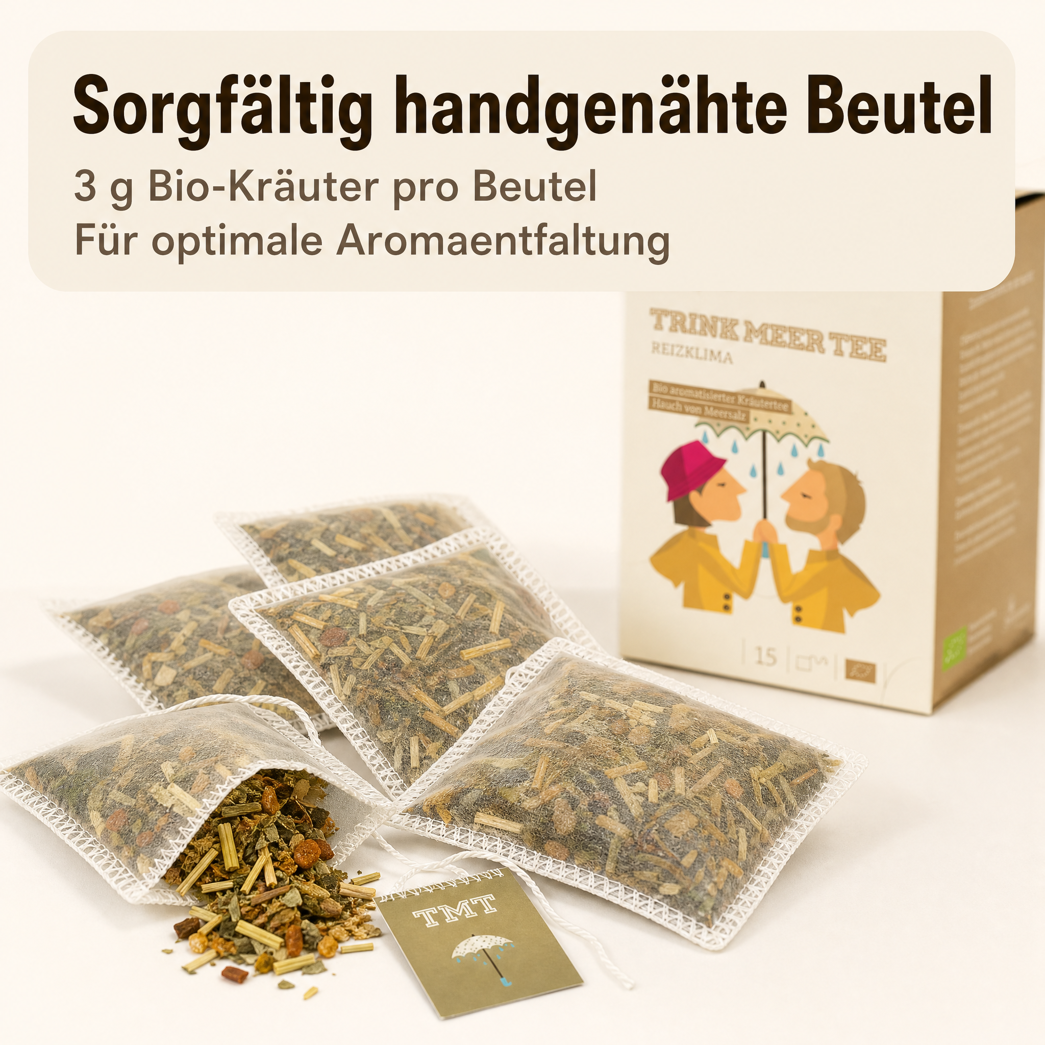 TTRINK MEER TEE REIZKLIMA Bio Kräutertee, mit Meersalz und Ingwer, vegan, glutenfrei, laktosefrei, handgenähte Kissenteebeutel, maritimes Design