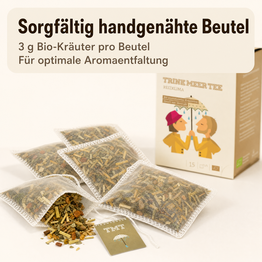 TTRINK MEER TEE REIZKLIMA Bio Kräutertee, mit Meersalz und Ingwer, vegan, glutenfrei, laktosefrei, handgenähte Kissenteebeutel, maritimes Design