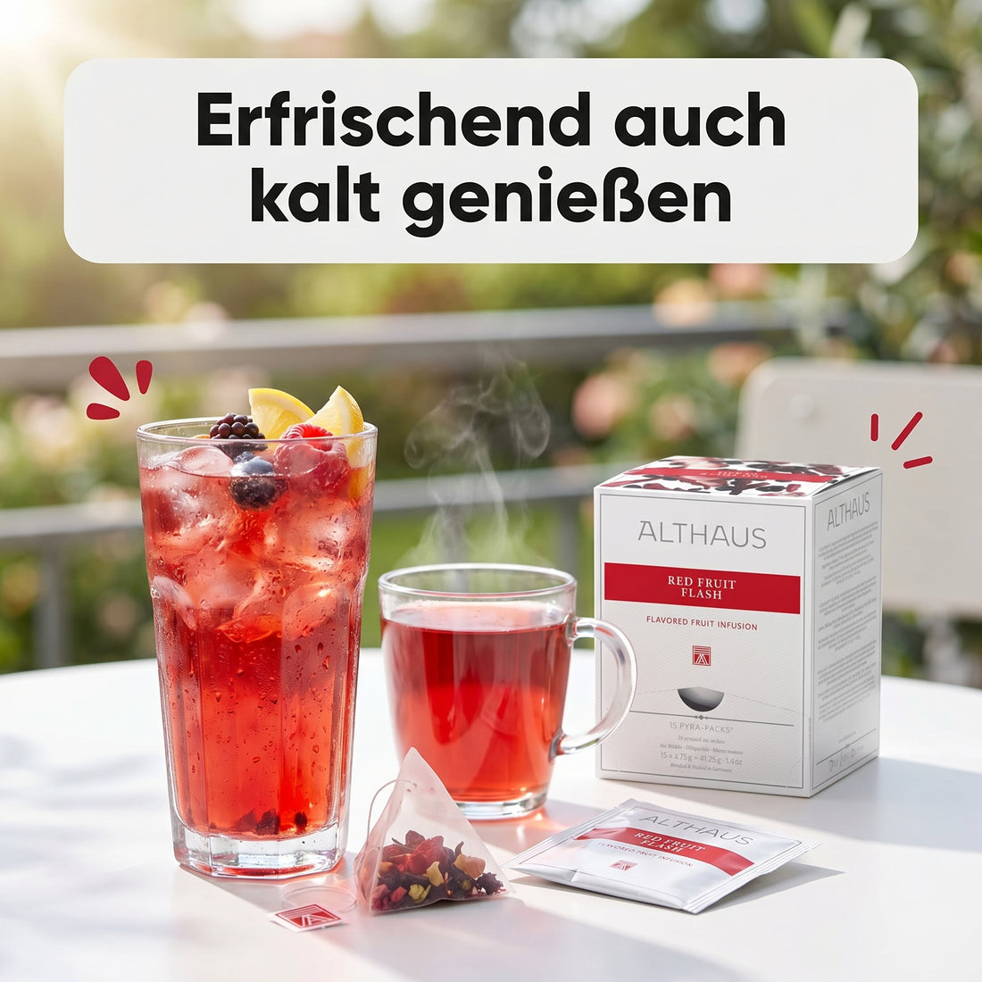 Althaus Früchtetee Red Fruit Flash, aromatisierte Fruchtinfusion in Pyramiden-Teebeuteln, einzeln verpackt, abbaubare Pyra-Packs, rote Tassenfarbe, Blended & Packed in Germany