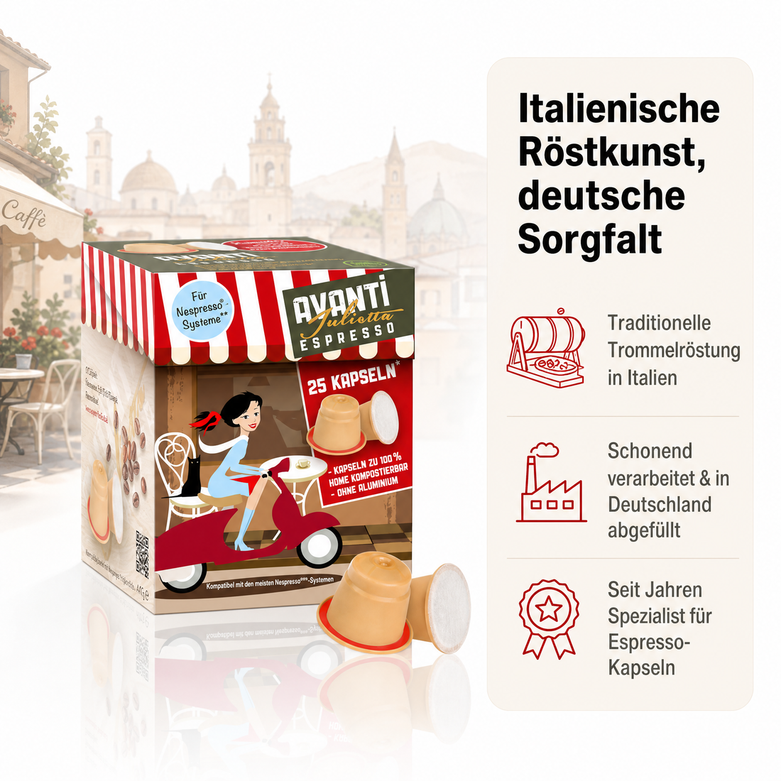 Avanti Julietta in Biocaps* Kapseln, 70% Arabica 30% Robusta, kräftige Crema und geringe Säure, kompostierbare Kapseln ohne Aluminium, kompatibel mit Nespresso Original, 25 Stück