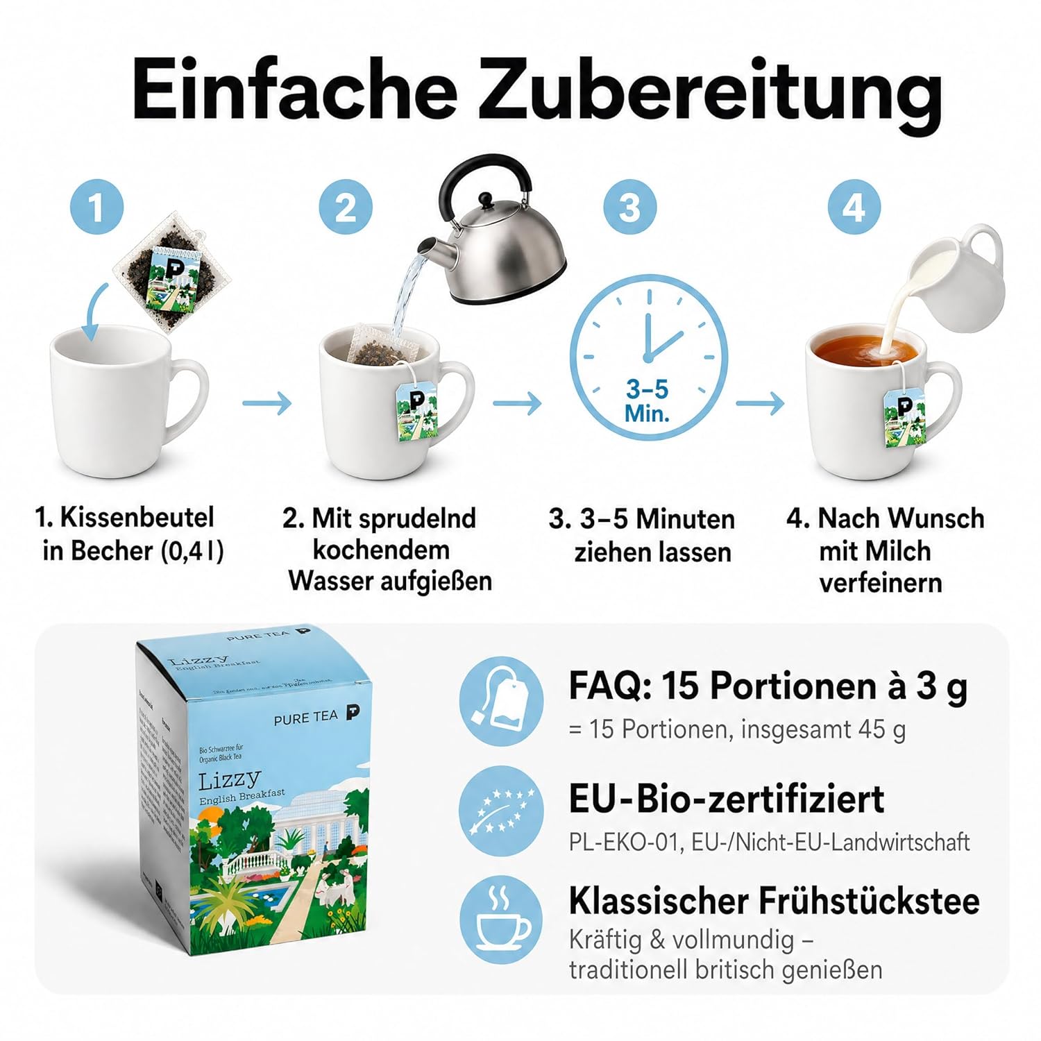 Pure Tea Lizzy English Breakfast Schwarztee, 15 handgenähte Kissenbeutel à 3g, Organisch, Dispenserbox 12 x 9 x 9 cm = 15 Portionen