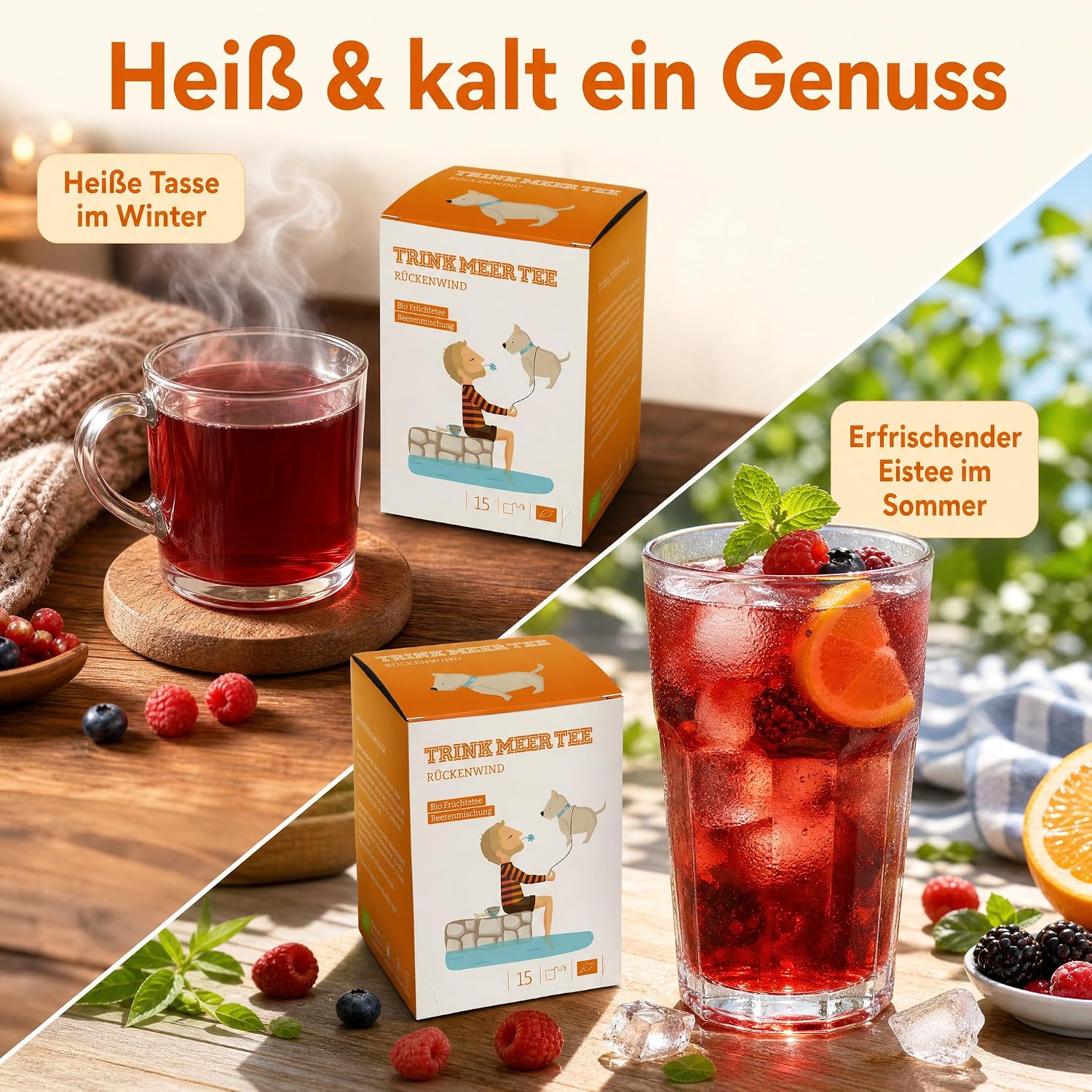 6 x Trink Meer Tee Rückenwind Premium-Früchtetee, 90 Kissenbeutel | Kräftiger Beerentee mit Sanddorn, Aroniabeeren & Hibiskusblüten – vegan, glutenfrei, koffeinfrei