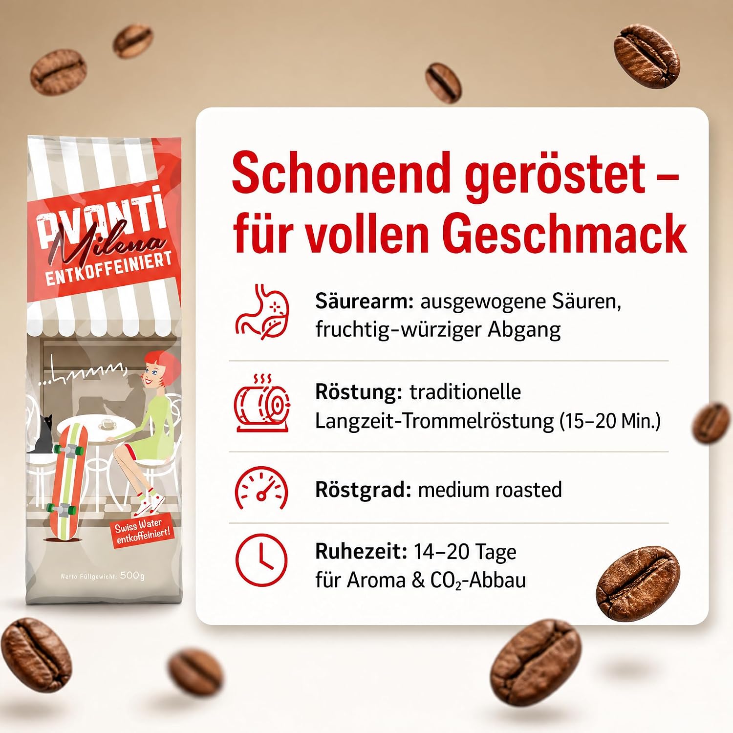 2 x Avanti Kaffeebohnen Entkoffeiniert Milena Espresso, Swiss Water entkoffeiniert, 80% Arabica/20% Robusta, Medium Röstung, säurearm, ganze Bohne, 500 g, Langzeit-Trommelröstung