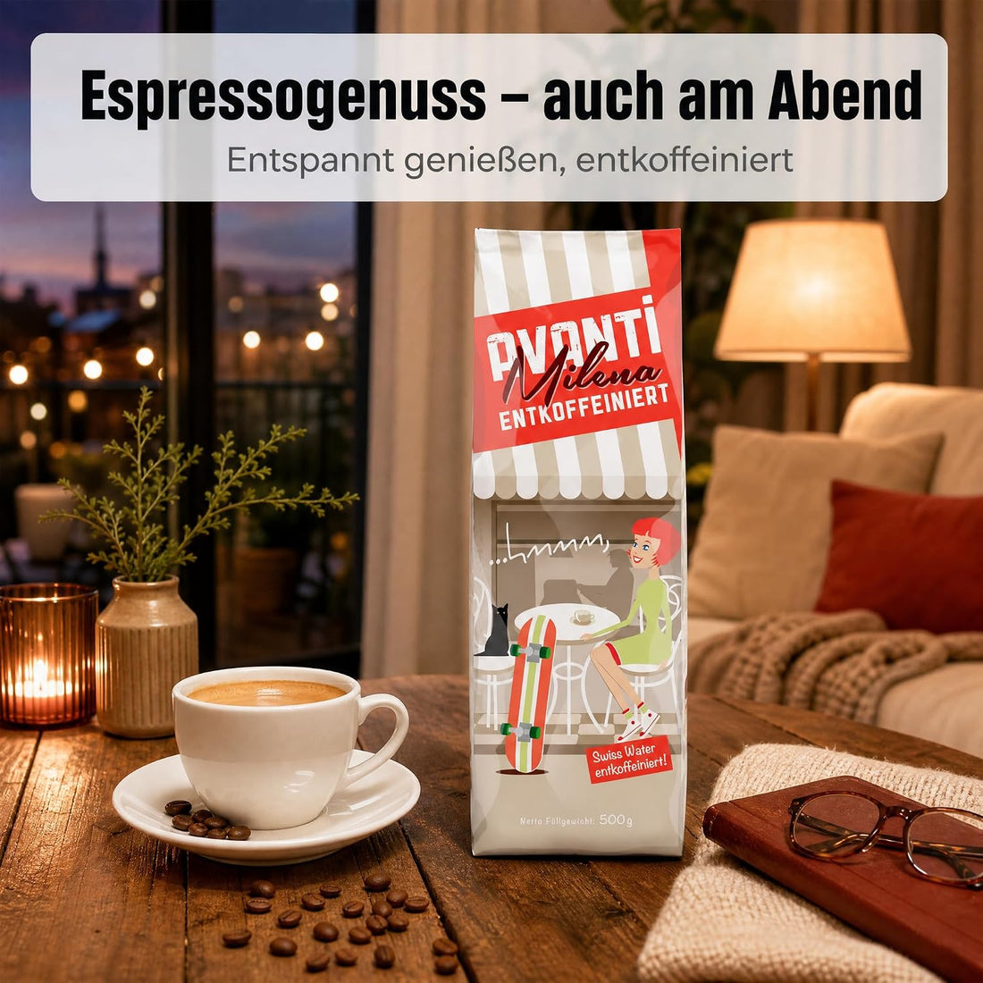 2 x Avanti Kaffeebohnen Entkoffeiniert Milena Espresso, Swiss Water entkoffeiniert, 80% Arabica/20% Robusta, Medium Röstung, säurearm, ganze Bohne, 500 g, Langzeit-Trommelröstung
