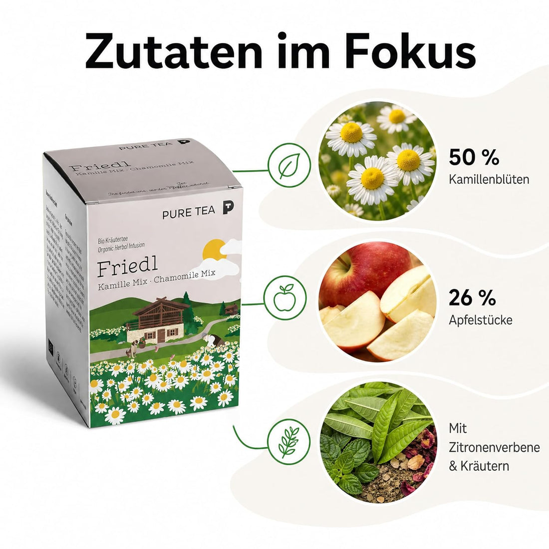 PURE TEA Kamillentee Friedl Kamille Mix, Kräutertee mit 50% Kamillenblüten, Apfelstücken & Zitronenverbene, koffeinfrei und glutenfrei, Kissenbeutel in Dispenserbox