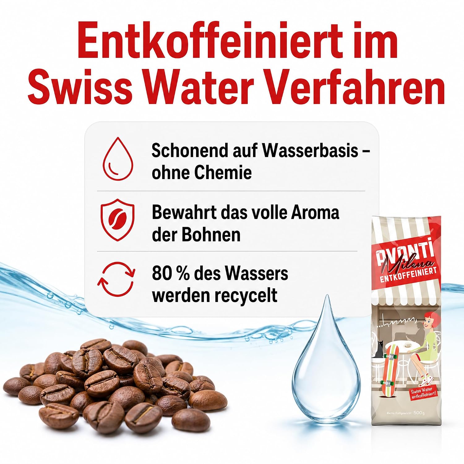 2 x Avanti Kaffeebohnen Entkoffeiniert Milena Espresso, Swiss Water entkoffeiniert, 80% Arabica/20% Robusta, Medium Röstung, säurearm, ganze Bohne, 500 g, Langzeit-Trommelröstung