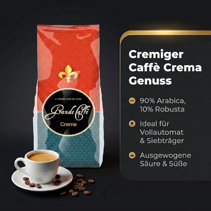 Grande Caffè Kaffeebohnen Caffè Crema, 90% Arabica 10% Robusta, traditionelle Trommelröstung, ganze Bohnen 1 kg, für Vollautomaten und Siebträger, ausgewogener Geschmack mit Honig, Vanille und Mandel