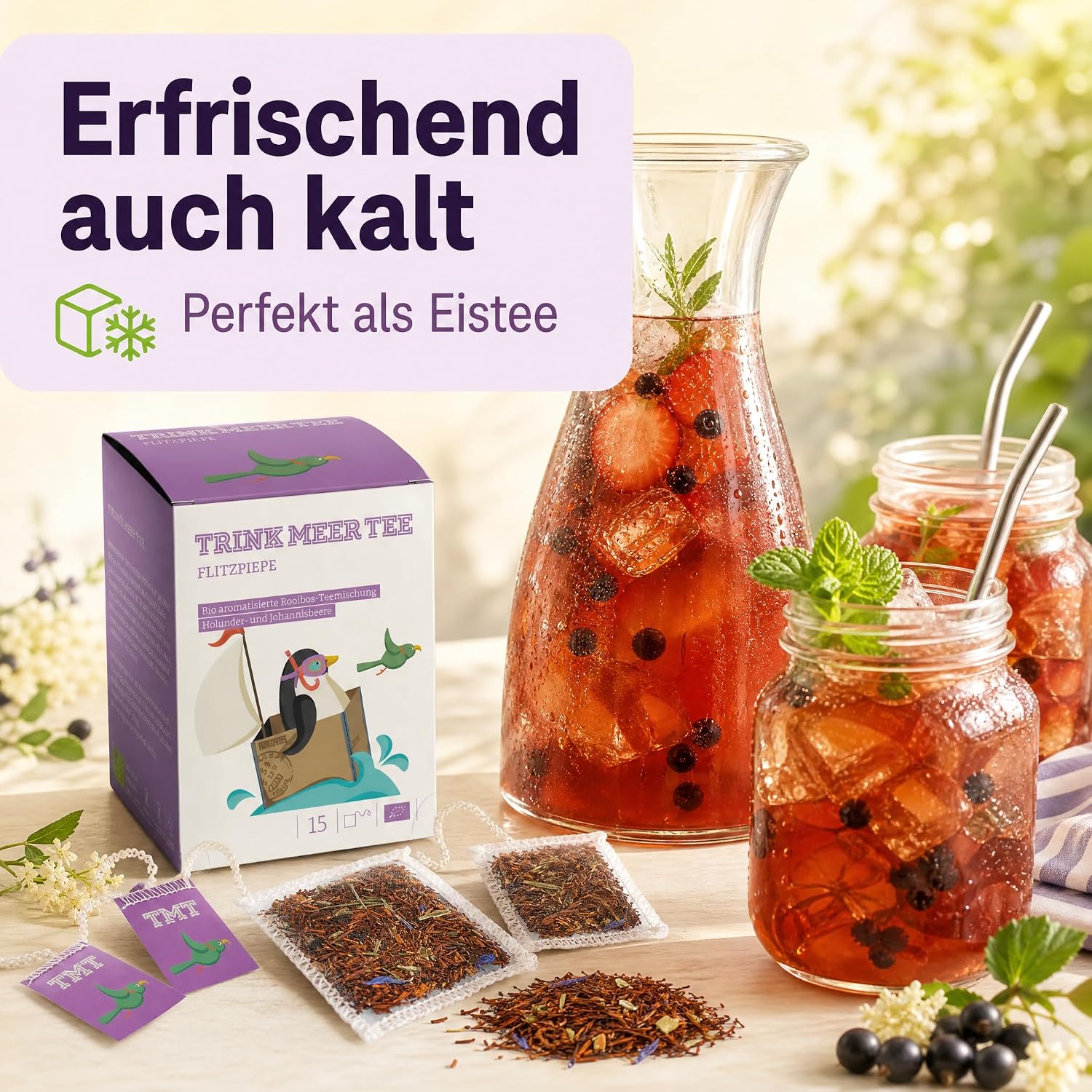 6 x Trink Meer Tee Flitzpiepe, Premium Rooibos Tee, 6x15 Kissenbeutel | Koffeinfreier Premium Früchtetee mit Holunder und Johannisbeere – vegan, glutenfrei, laktosefrei, für jeden Moment
