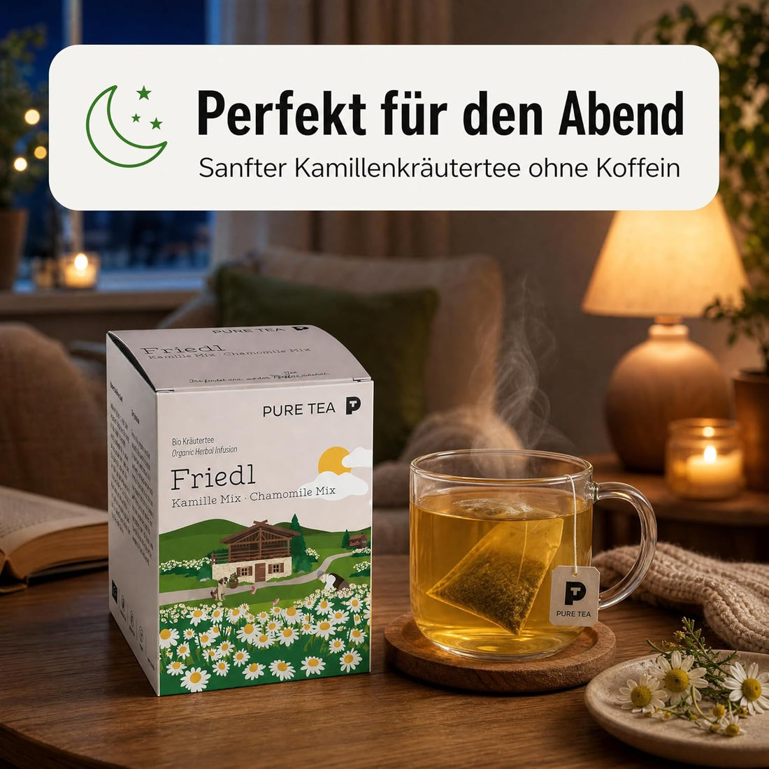 PURE TEA Kamillentee Friedl Kamille Mix, Kräutertee mit 50% Kamillenblüten, Apfelstücken & Zitronenverbene, koffeinfrei und glutenfrei, Kissenbeutel in Dispenserbox