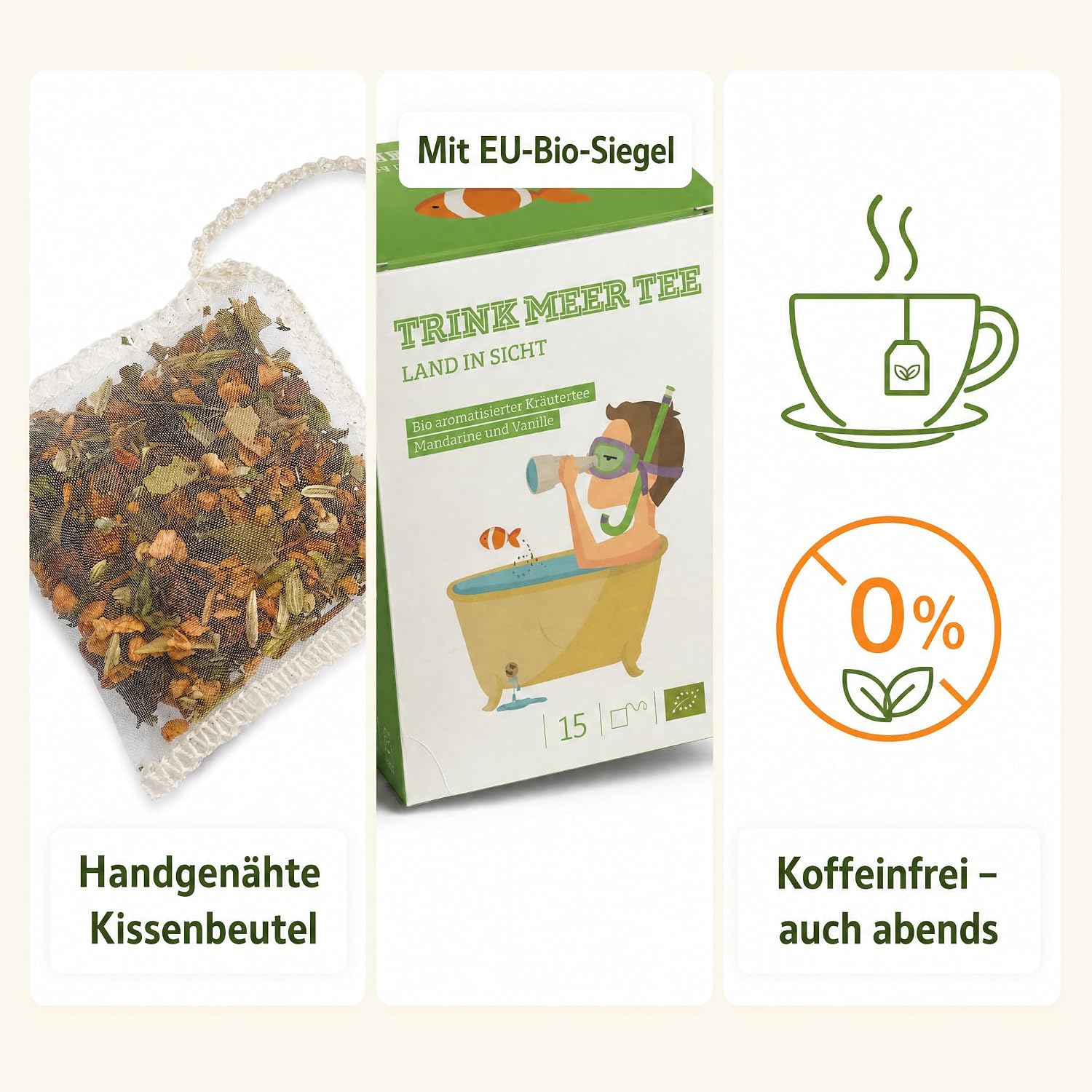 6 x Trink Meer Tee LAND IN SICHT - Premium Kräutertee Mandarine Vanille, 30 Kissenbeutel, Fruchtiger Premium Früchtetee mit Sanddorn, Fenchel & Melisse – handgenähte Kissenbeutel