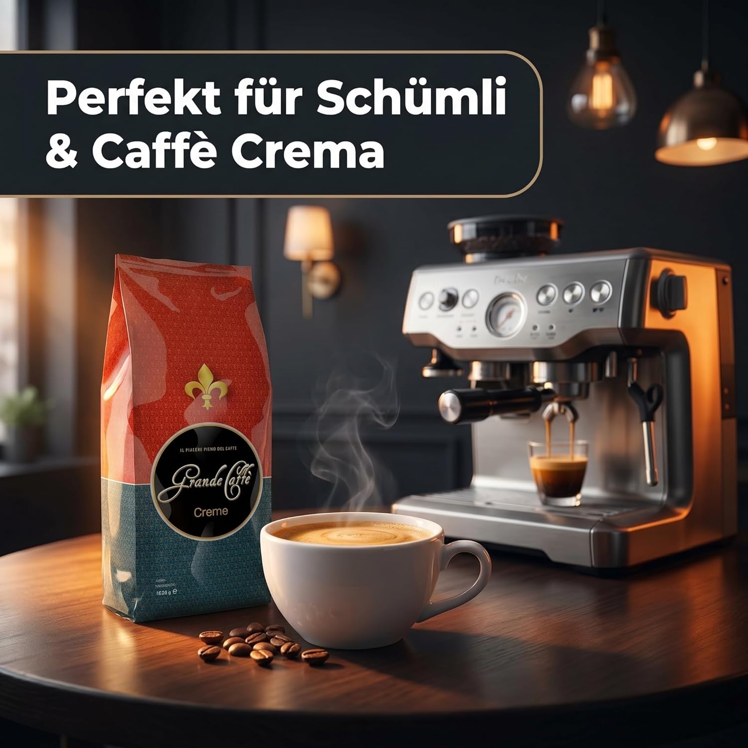 Grande Caffè Kaffeebohnen Caffè Crema, 90% Arabica 10% Robusta, traditionelle Trommelröstung, ganze Bohnen 1 kg, für Vollautomaten und Siebträger, ausgewogener Geschmack mit Honig, Vanille und Mandel