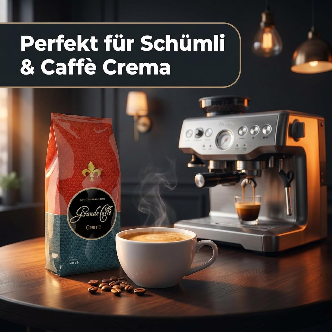 Grande Caffè Kaffeebohnen Caffè Crema, 90% Arabica 10% Robusta, traditionelle Trommelröstung, ganze Bohnen 1 kg, für Vollautomaten und Siebträger, ausgewogener Geschmack mit Honig, Vanille und Mandel