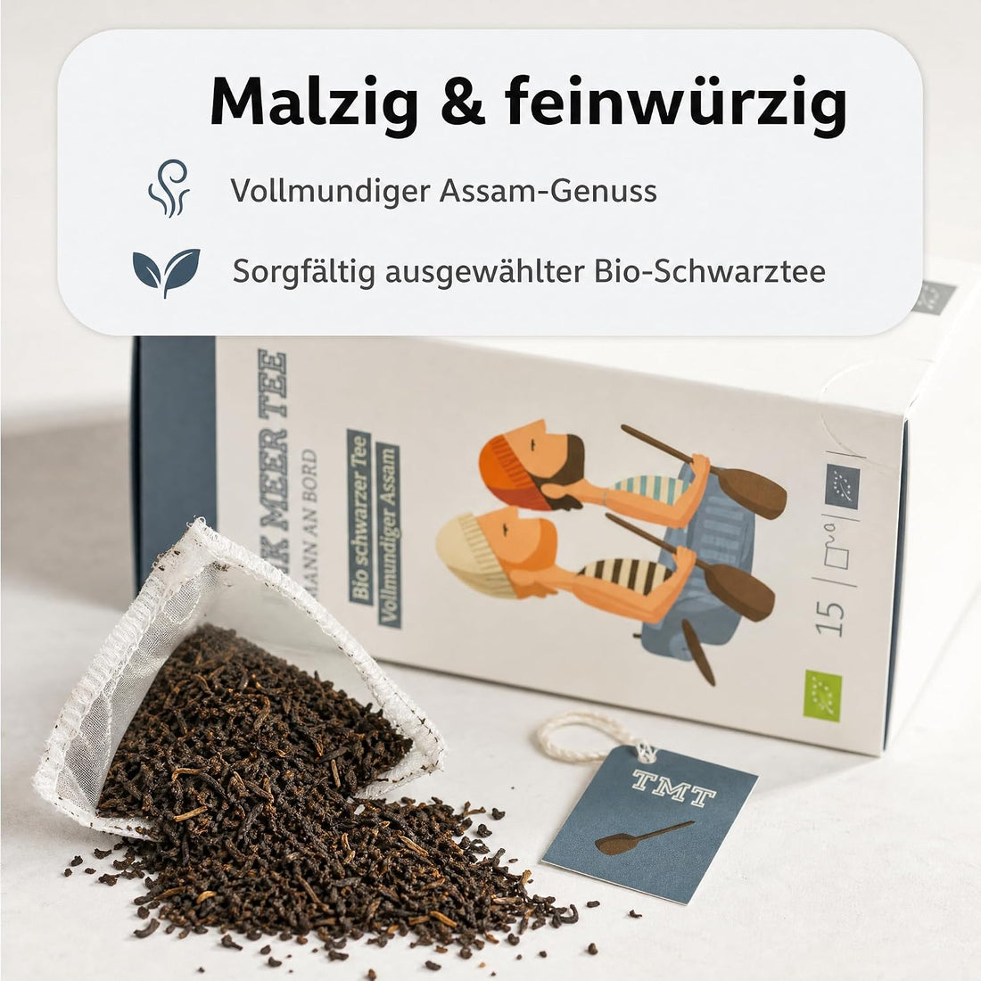 6 x Trink Meer Tee Premium Schwarzer Tee, Alle Mann an Bord, Assam Tee hocharomatisch malzig-feinwürzig, 6er Pack mit 90 handgenähten Kissenbeuteln à 3 g, 270 g, maritimes Geschenk