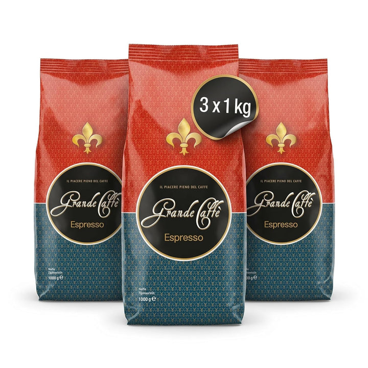 Grande Caffè Kaffeebohnen Espresso, ganze Bohnen 80% Arabica 20% Robusta, würzig-nussiges Aroma, traditionelle Trommelröstung, 3 x 1 kg Vorrat, Herkunft Honduras Brasilien Indien