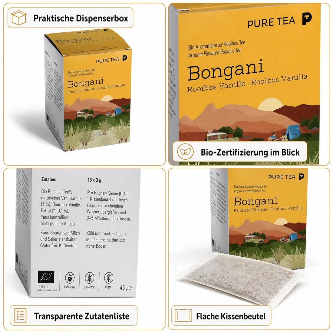 6 x PURE TEA Rooibos Tee Bongani Vanille, aromatisierter Rotbuschtee, 15 Kissenbeutel à 3 g (45 g), koffeinfrei, flache handgenähte Beutel, Dispenserbox 12 × 9 × 9 cm