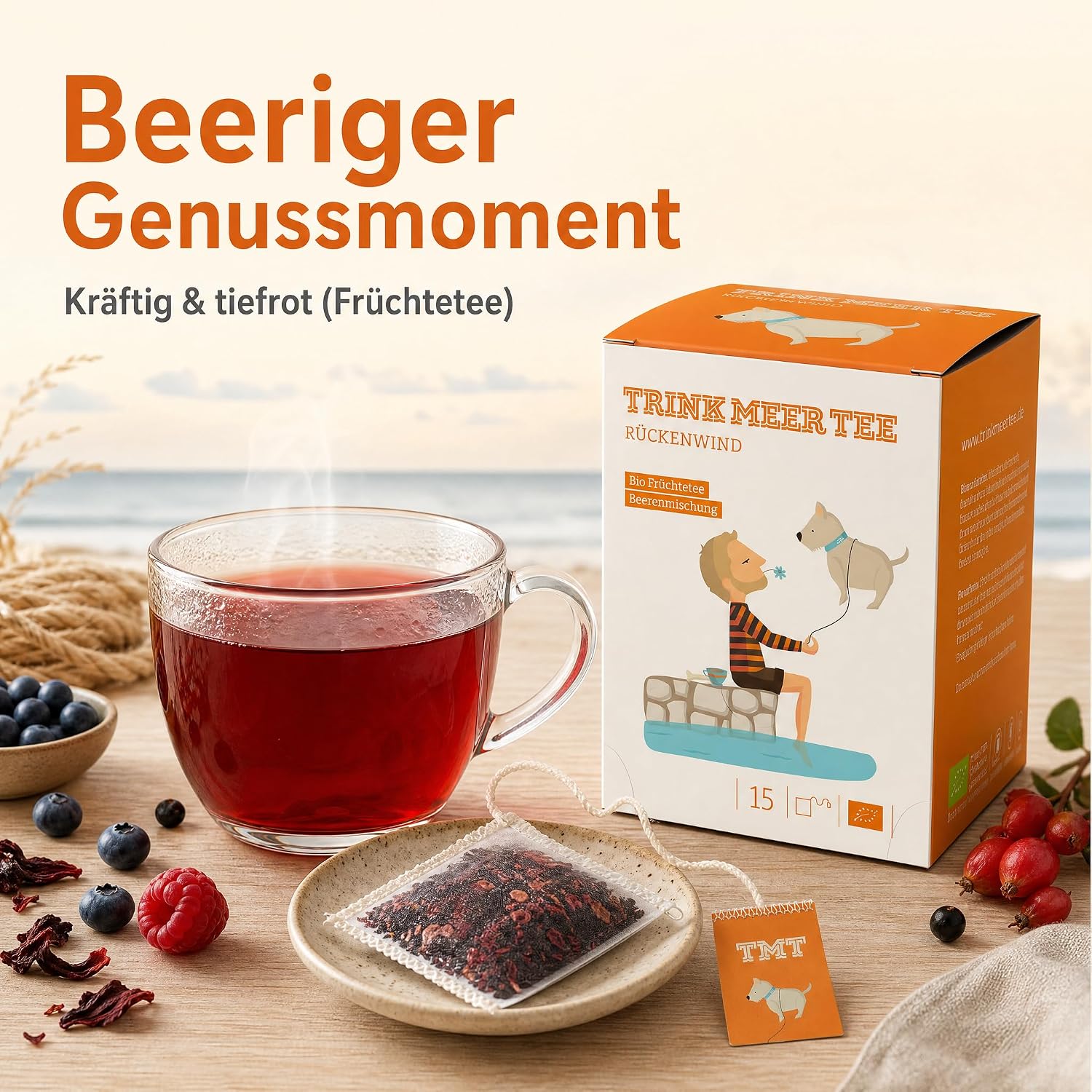 6 x Trink Meer Tee Rückenwind Premium-Früchtetee, 90 Kissenbeutel | Kräftiger Beerentee mit Sanddorn, Aroniabeeren & Hibiskusblüten – vegan, glutenfrei, koffeinfrei