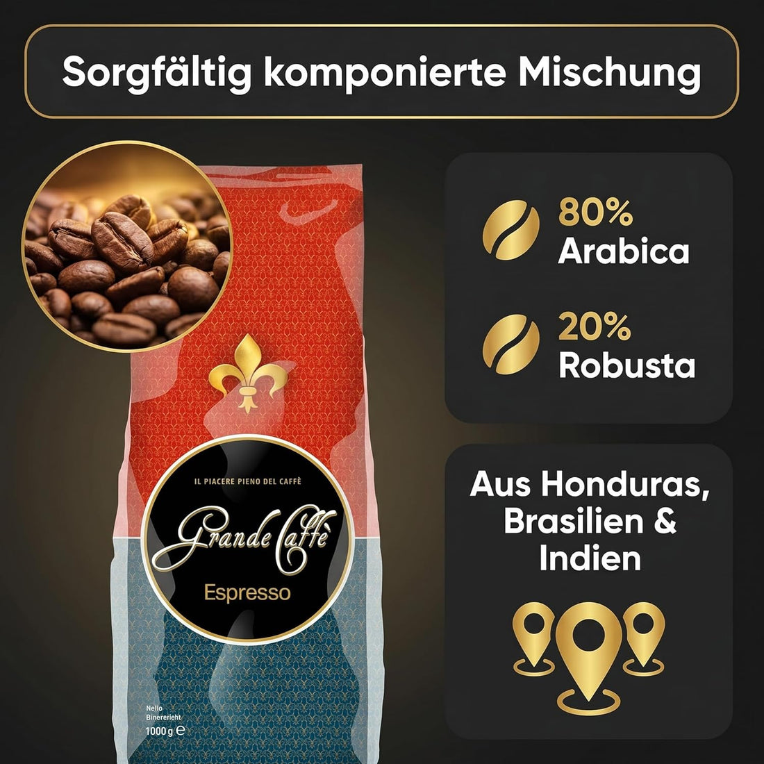Grande Caffè Espresso Kaffeebohnen, 1000g, 80% Arabica 20% Robusta, Ganze Bohnen aus Honduras, Brasilien, Indien
