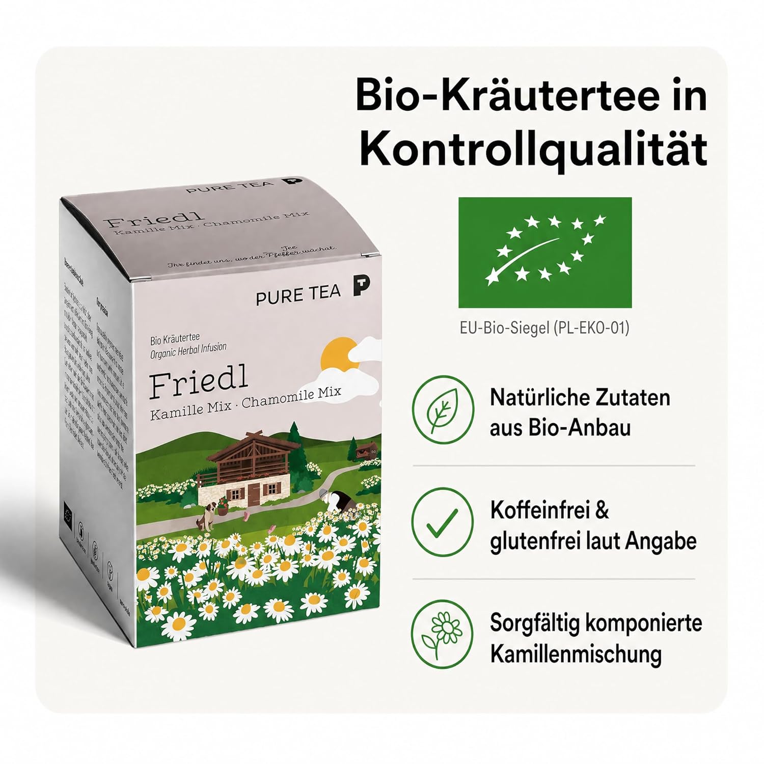 PURE TEA Kamillentee Friedl Kamille Mix, Kräutertee mit 50% Kamillenblüten, Apfelstücken & Zitronenverbene, koffeinfrei und glutenfrei, Kissenbeutel in Dispenserbox