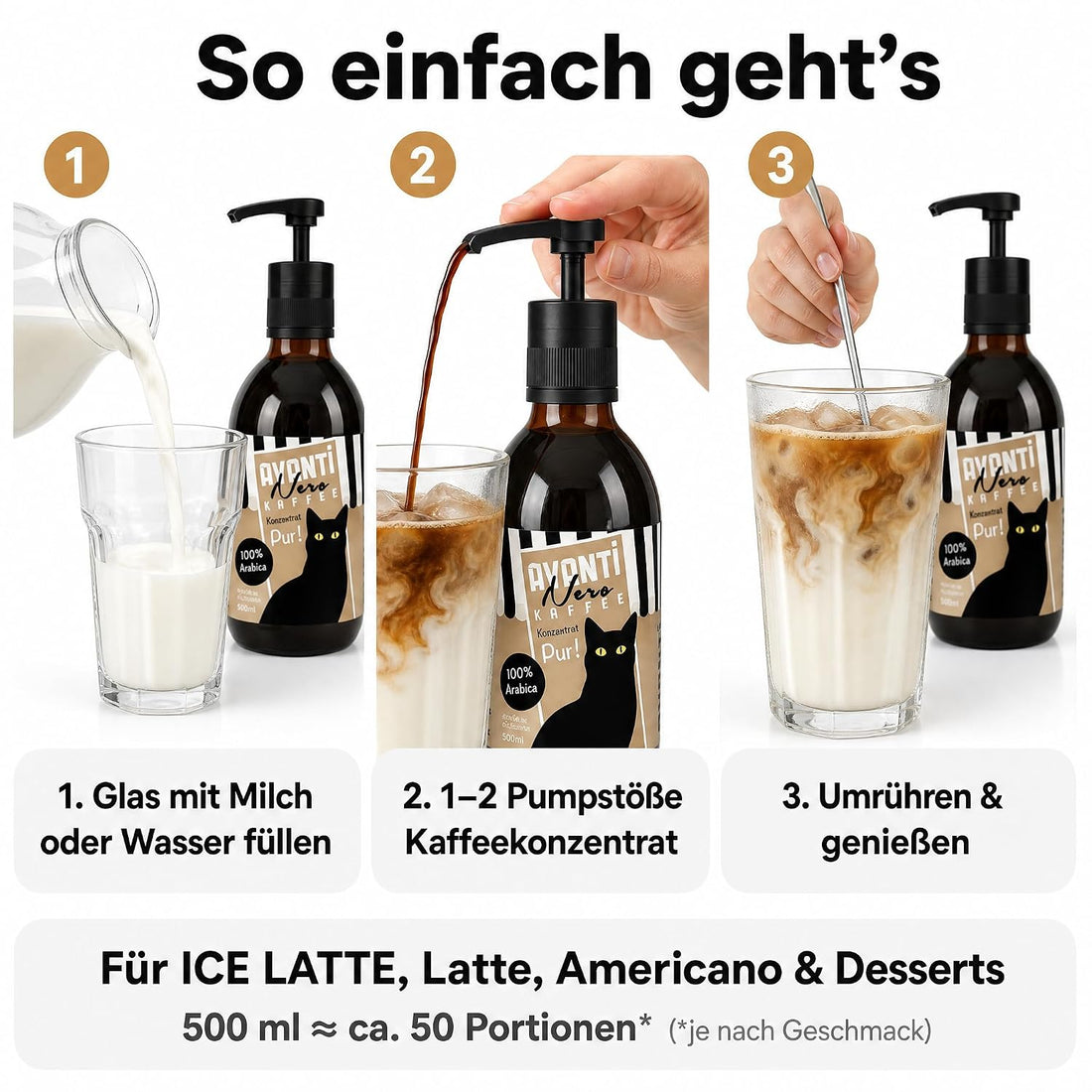 AVANTI Nero Kaffeekonzentrat Pur, 100% Arabica, 500 ml, ca. 50 Portionen | Flüssiges Kaffeekonzentrat für Eiskaffee, Cold Brew, Latte & mehr – präzise dosiert mit Pumpspender