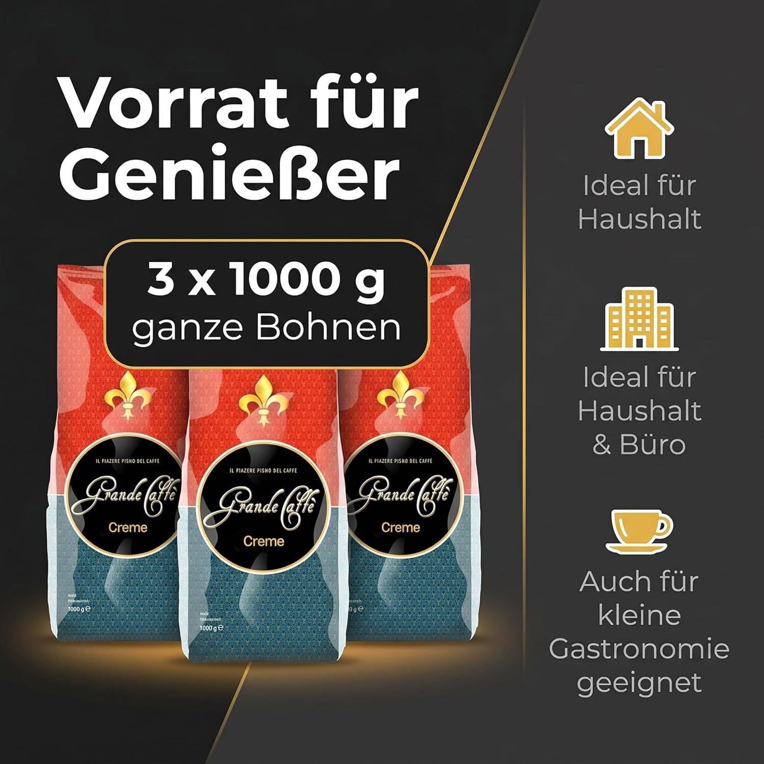 Grande Caffè Kaffeebohnen Caffè Crema, 90% Arabica 10% Robusta, traditionelle Trommelröstung, ganze Bohnen 1 kg, für Vollautomaten und Siebträger, ausgewogener Geschmack mit Honig, Vanille und Mandel