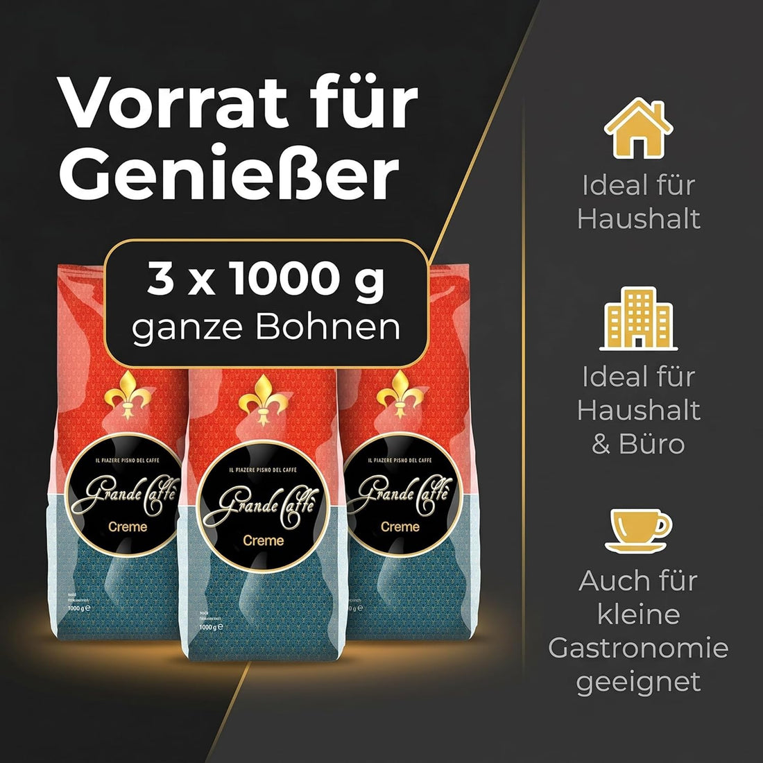 Grande Caffè Kaffeebohnen Caffè Crema, 90% Arabica 10% Robusta, traditionelle Trommelröstung, ganze Bohnen 1 kg, für Vollautomaten und Siebträger, ausgewogener Geschmack mit Honig, Vanille und Mandel