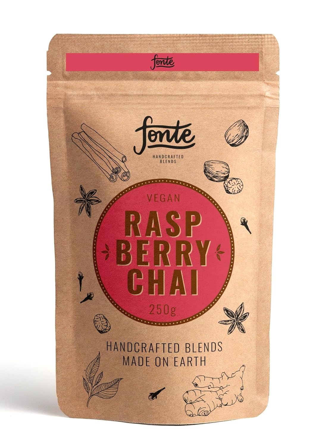 Fonte Vegan Raspberry Chai Latte Pulver, Handgemachte Gewürzmischung mit Schwarzem Tee und Himbeere, 250g Packung, Natürliche Zutaten