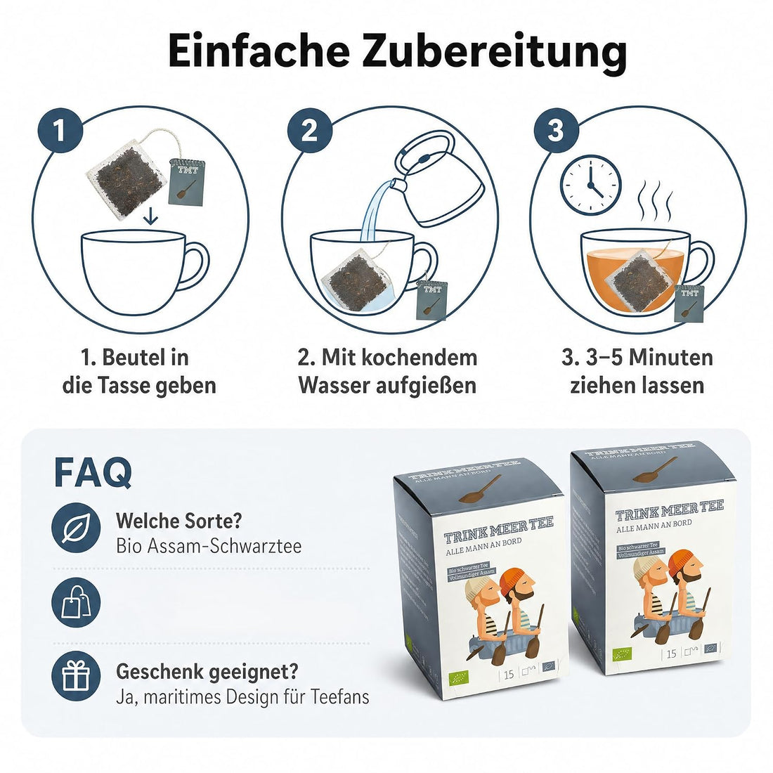 6 x Trink Meer Tee Premium Schwarzer Tee, Alle Mann an Bord, Assam Tee hocharomatisch malzig-feinwürzig, 6er Pack mit 90 handgenähten Kissenbeuteln à 3 g, 270 g, maritimes Geschenk