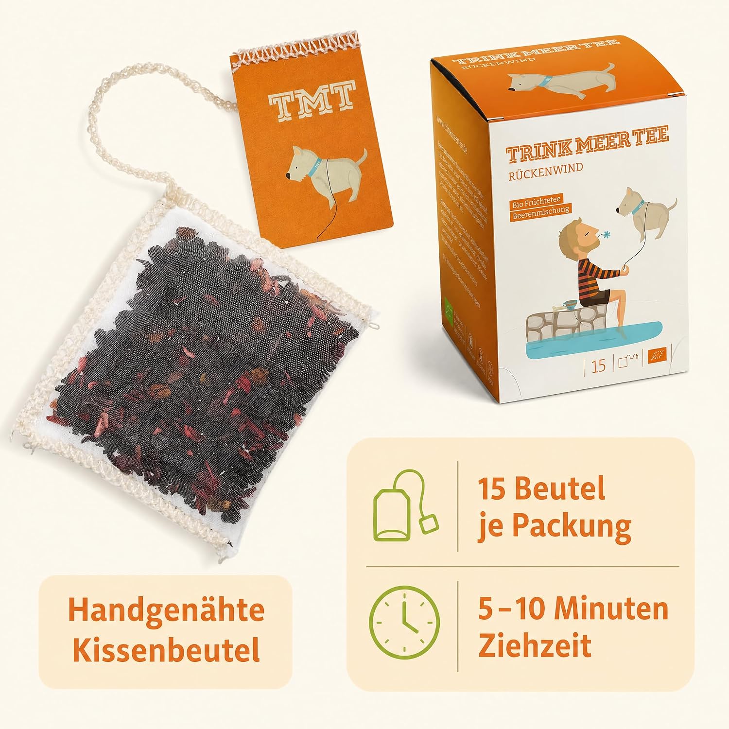 6 x Trink Meer Tee Rückenwind Premium-Früchtetee, 90 Kissenbeutel | Kräftiger Beerentee mit Sanddorn, Aroniabeeren & Hibiskusblüten – vegan, glutenfrei, koffeinfrei