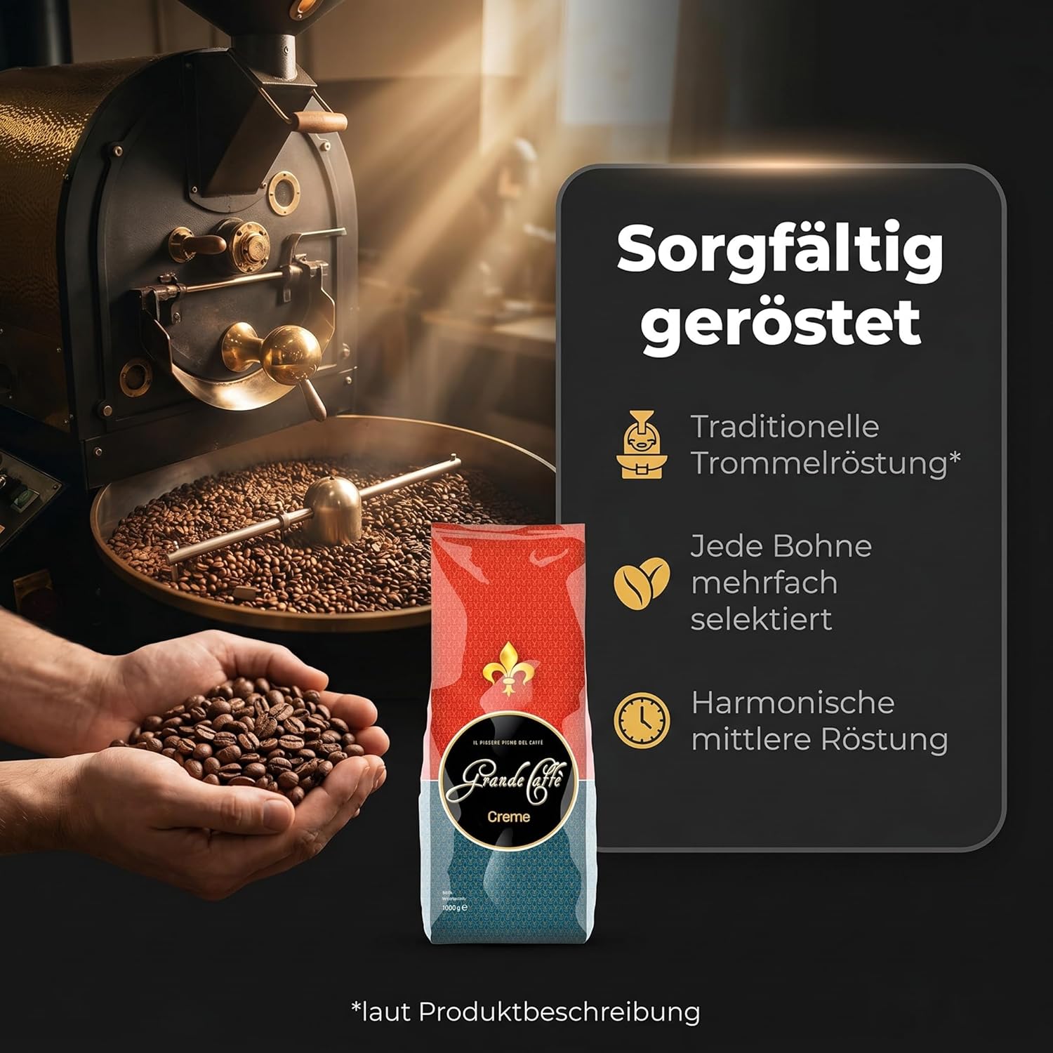 Grande Caffè Kaffeebohnen Caffè Crema, 90% Arabica 10% Robusta, traditionelle Trommelröstung, ganze Bohnen 1 kg, für Vollautomaten und Siebträger, ausgewogener Geschmack mit Honig, Vanille und Mandel