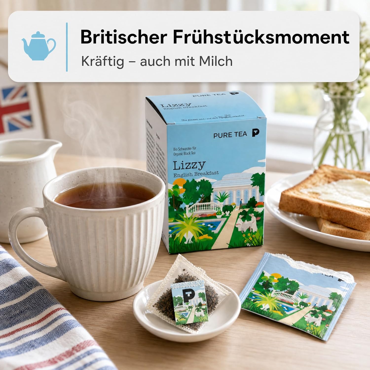 Pure Tea Lizzy English Breakfast Schwarztee, 15 handgenähte Kissenbeutel à 3g, Organisch, Dispenserbox 12 x 9 x 9 cm = 15 Portionen