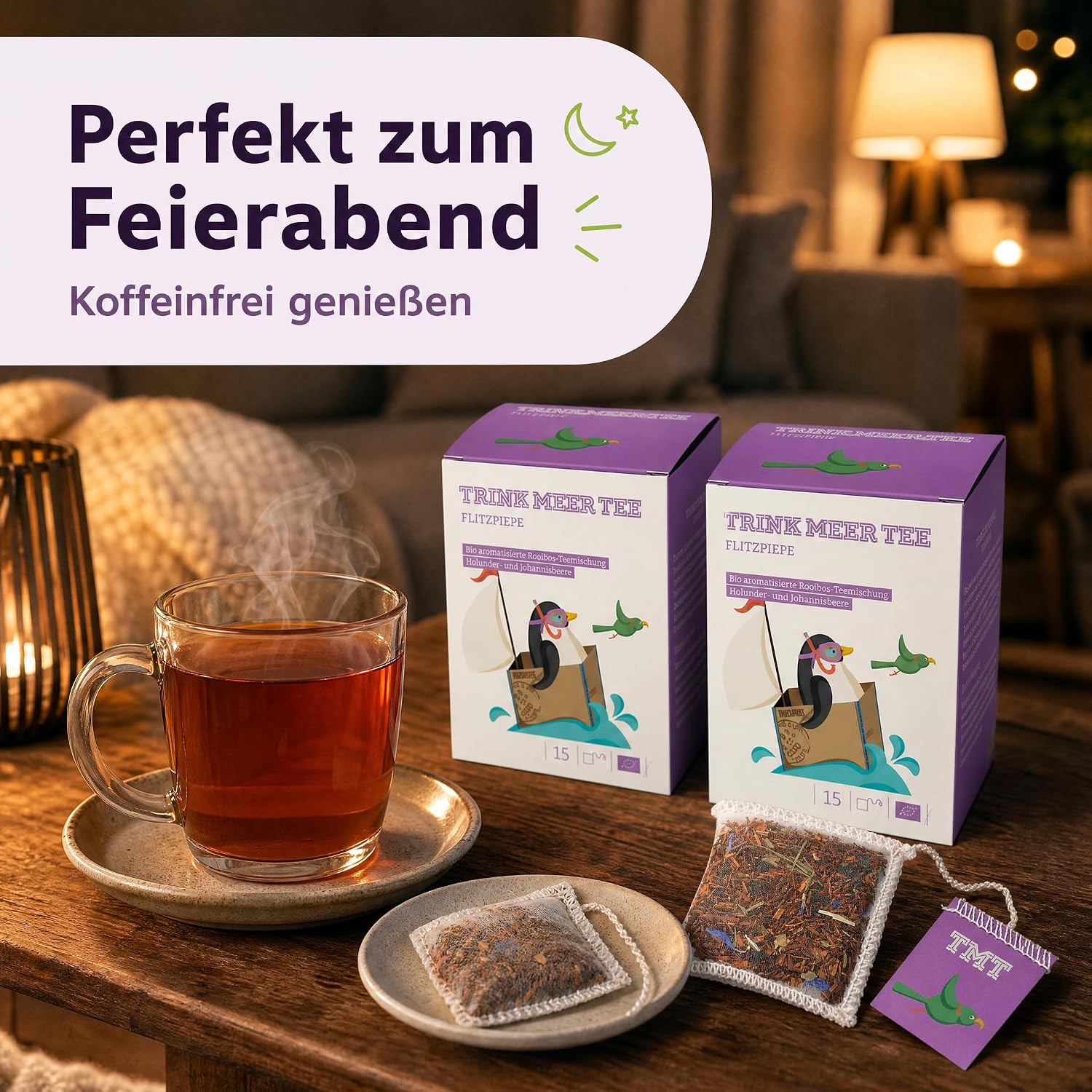 6 x Trink Meer Tee Flitzpiepe, Premium Rooibos Tee, 6x15 Kissenbeutel | Koffeinfreier Premium Früchtetee mit Holunder und Johannisbeere – vegan, glutenfrei, laktosefrei, für jeden Moment