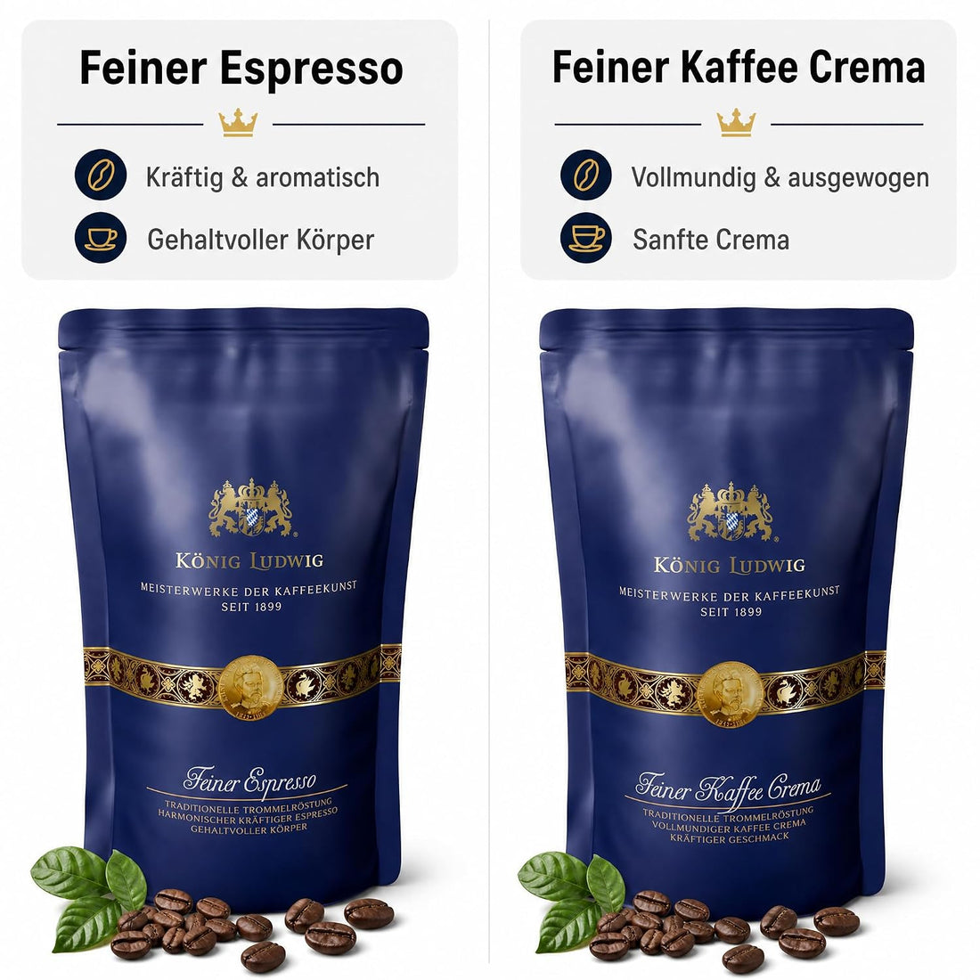 König Ludwig Kaffeebohnen Set, Espresso & Kaffee Crema, 2 x 500 g
