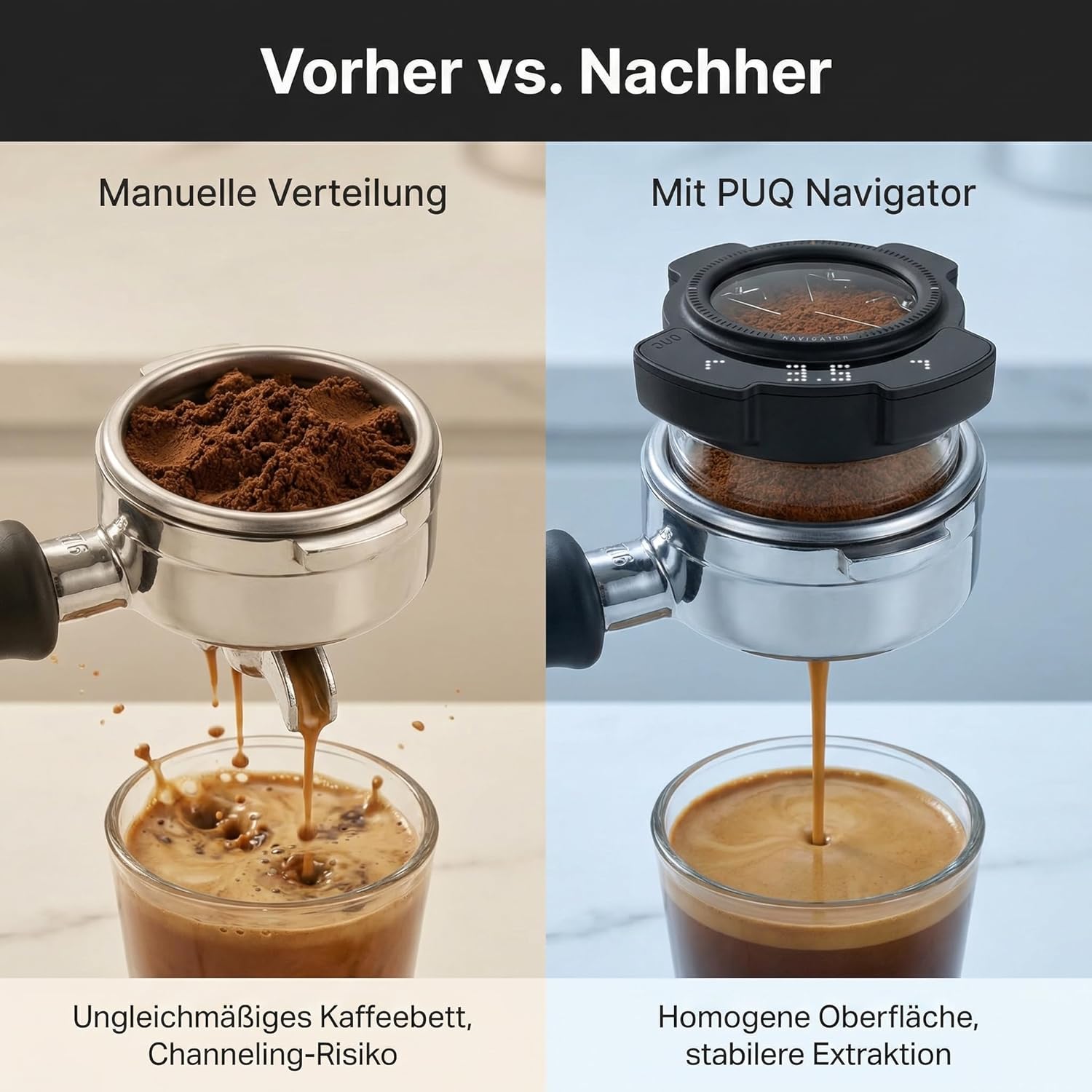 Avanti PUQ Navigator Elektronisches WDT-Tool für Espresso, 58mm Siebträger, automatisierte Weiss Distribution Technique, digitale LED-Anzeige, Schwarz