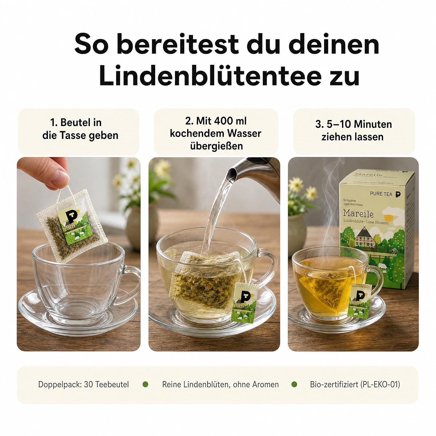2 Pack Mareile Premium-Lindenblütentee, 30 Teebeutel, Kräutertee Geschenk | Reiner Entspannungstee ohne Aromen, handgenähte Kissenbeutel, EU-zertifiziert – ein schönes Geschenk für Teeliebhaber