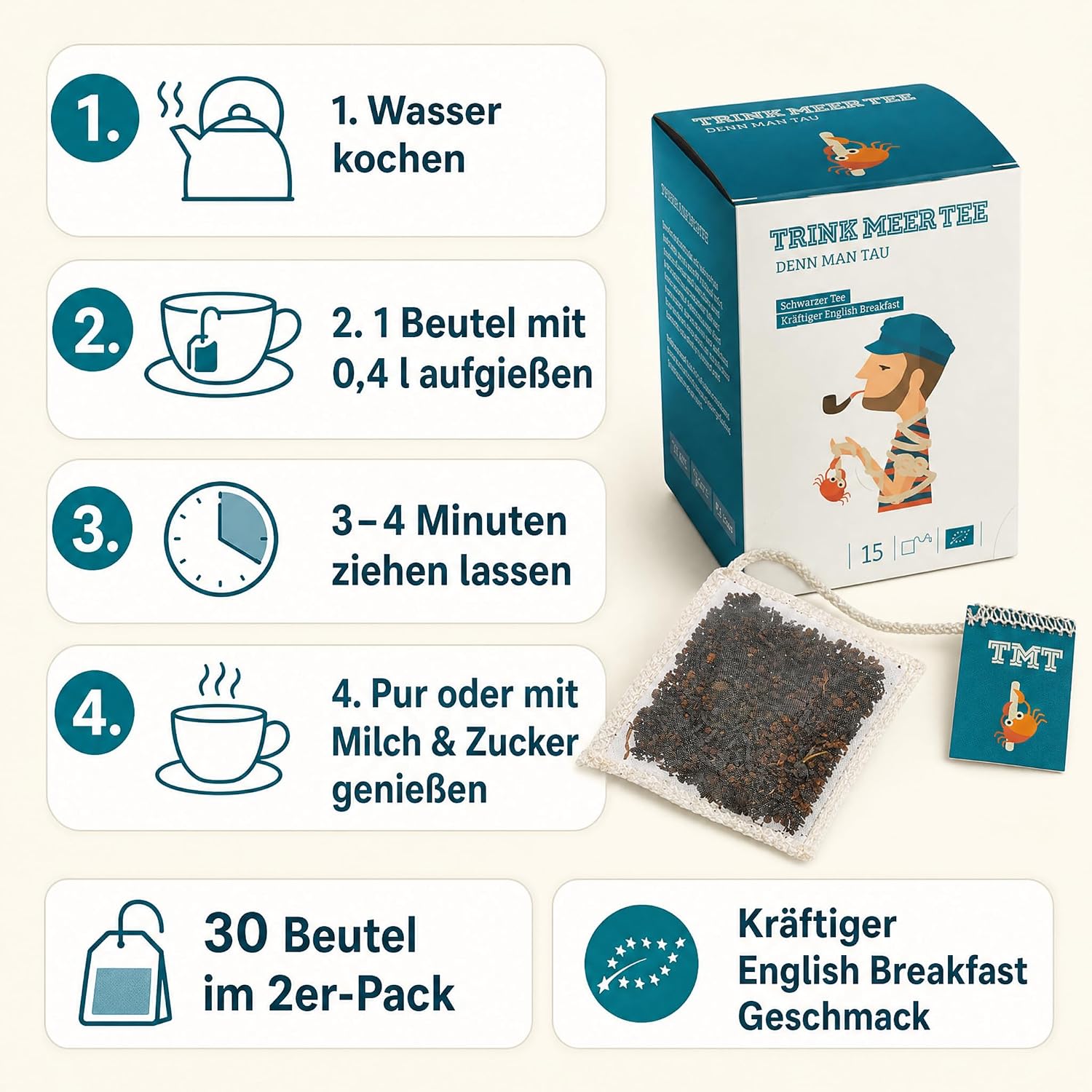 Trink Meer Tee Denn Man Tau, Schwarzer Tee English Breakfast, 30 Teebeutel, 2er-Pack