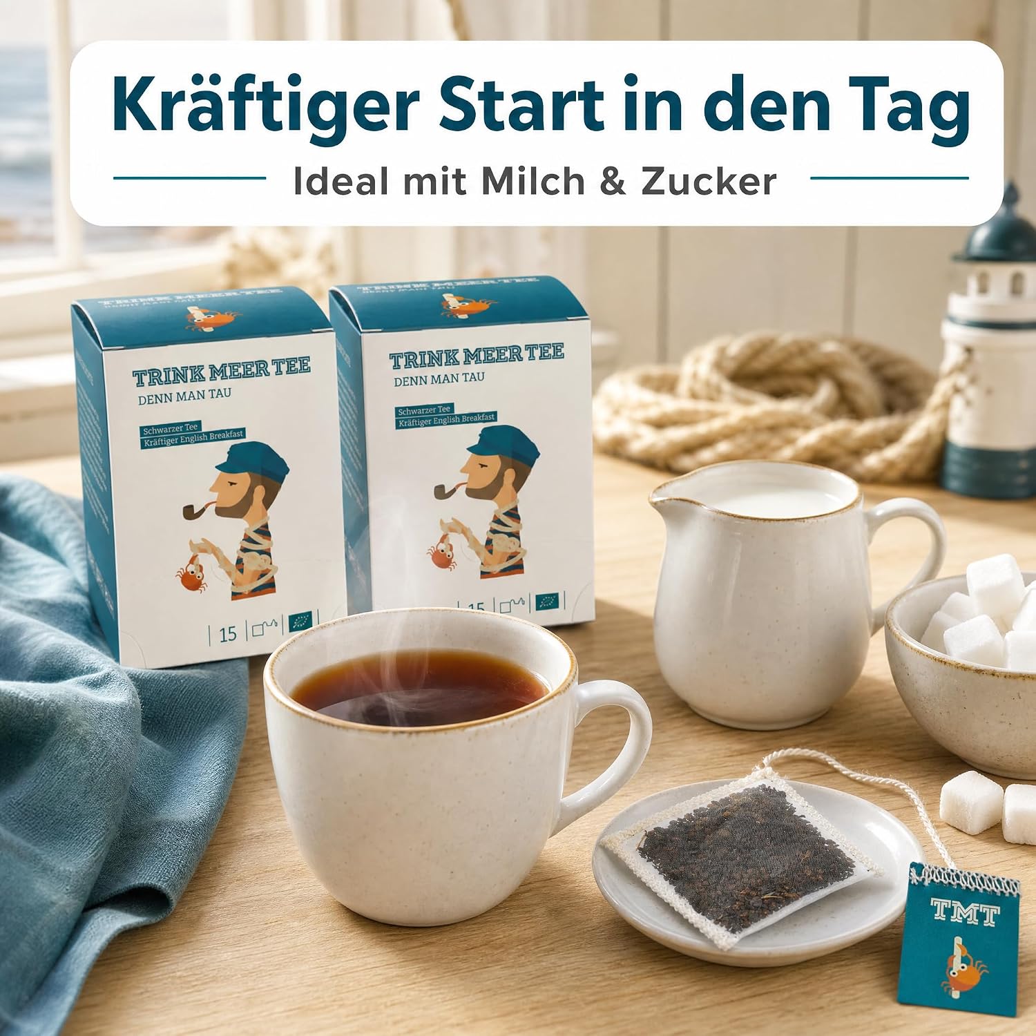 6 x Trink Meer Tee Denn Man Tau, Schwarzer Tee English Breakfast, 90 Teebeutel, Kräftiger Schwarztee im handgenähten Kissenbeutel