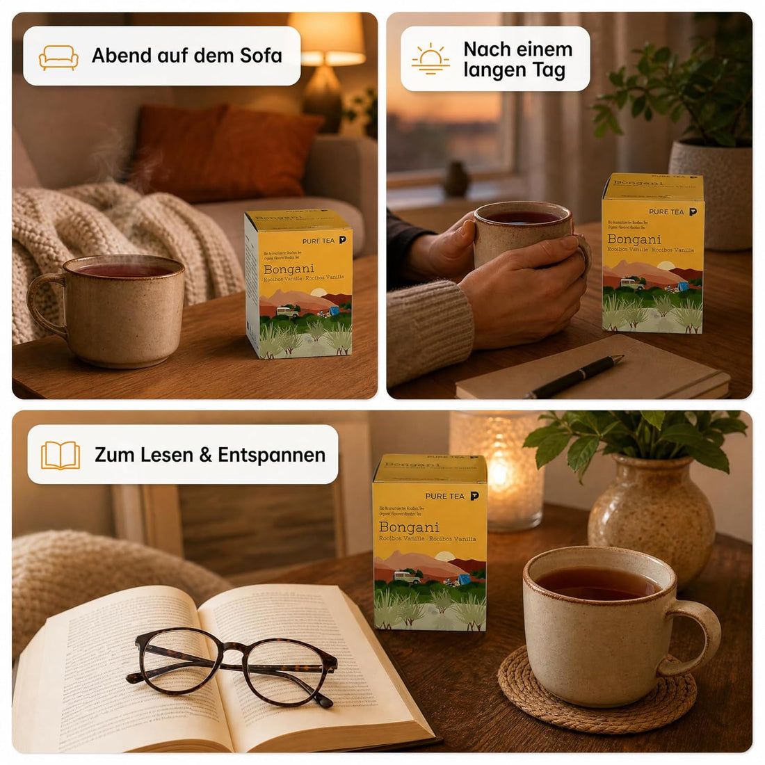 6 x PURE TEA Rooibos Tee Bongani Vanille, aromatisierter Rotbuschtee, 15 Kissenbeutel à 3 g (45 g), koffeinfrei, flache handgenähte Beutel, Dispenserbox 12 × 9 × 9 cm