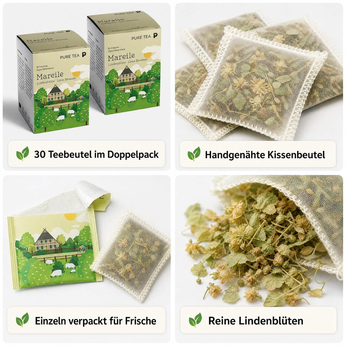 2 Pack Mareile Premium-Lindenblütentee, 30 Teebeutel, Kräutertee Geschenk | Reiner Entspannungstee ohne Aromen, handgenähte Kissenbeutel, EU-zertifiziert – ein schönes Geschenk für Teeliebhaber